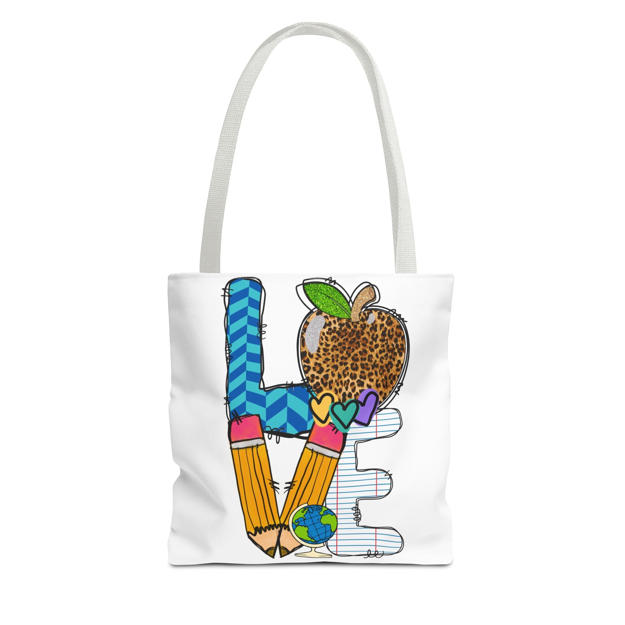 Love Teacher Tote Bag — Colorful School Apple & Pencil AOP Tote