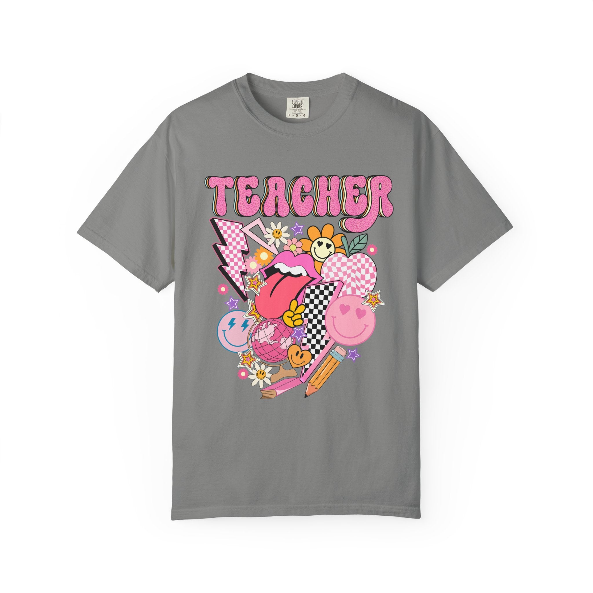 Teacher Retro Pop Graphic T‑Shirt — Cute Pink School Staff Shirt