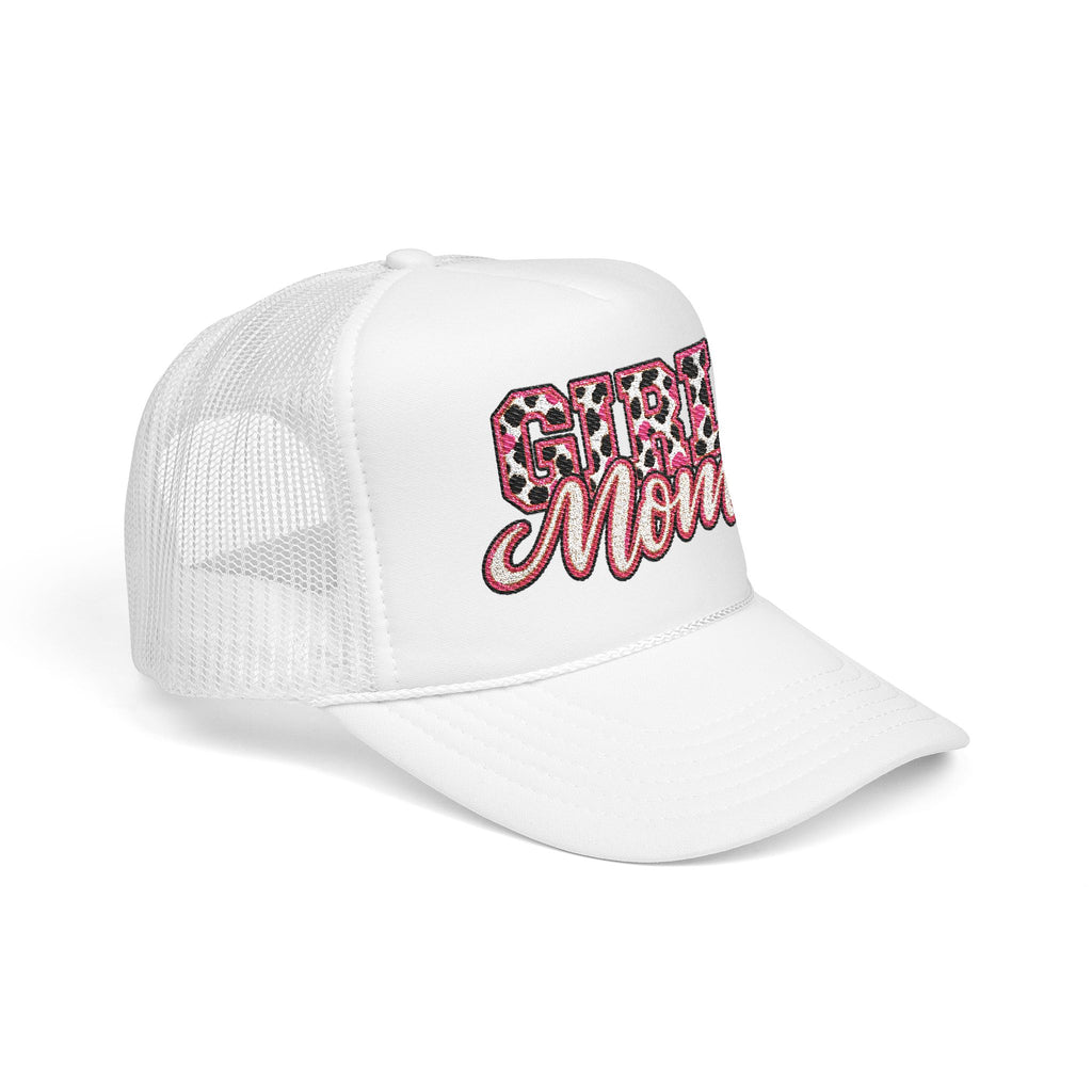Girl Mom Leopard Foam Trucker Hat — Pink Glitter Script Mesh Cap