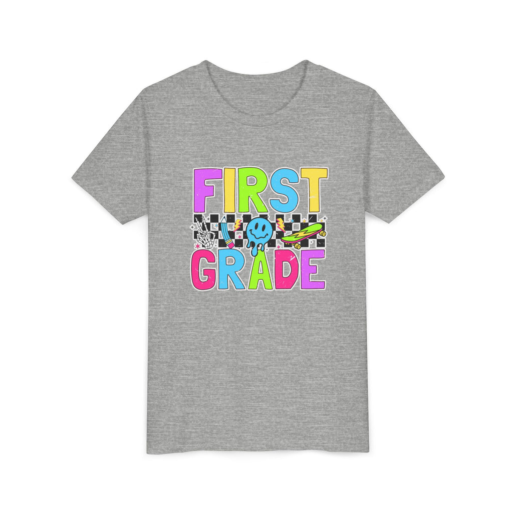 First Grade Youth T‑Shirt — Colorful Checkerboard Smile Back‑to‑School Tee
