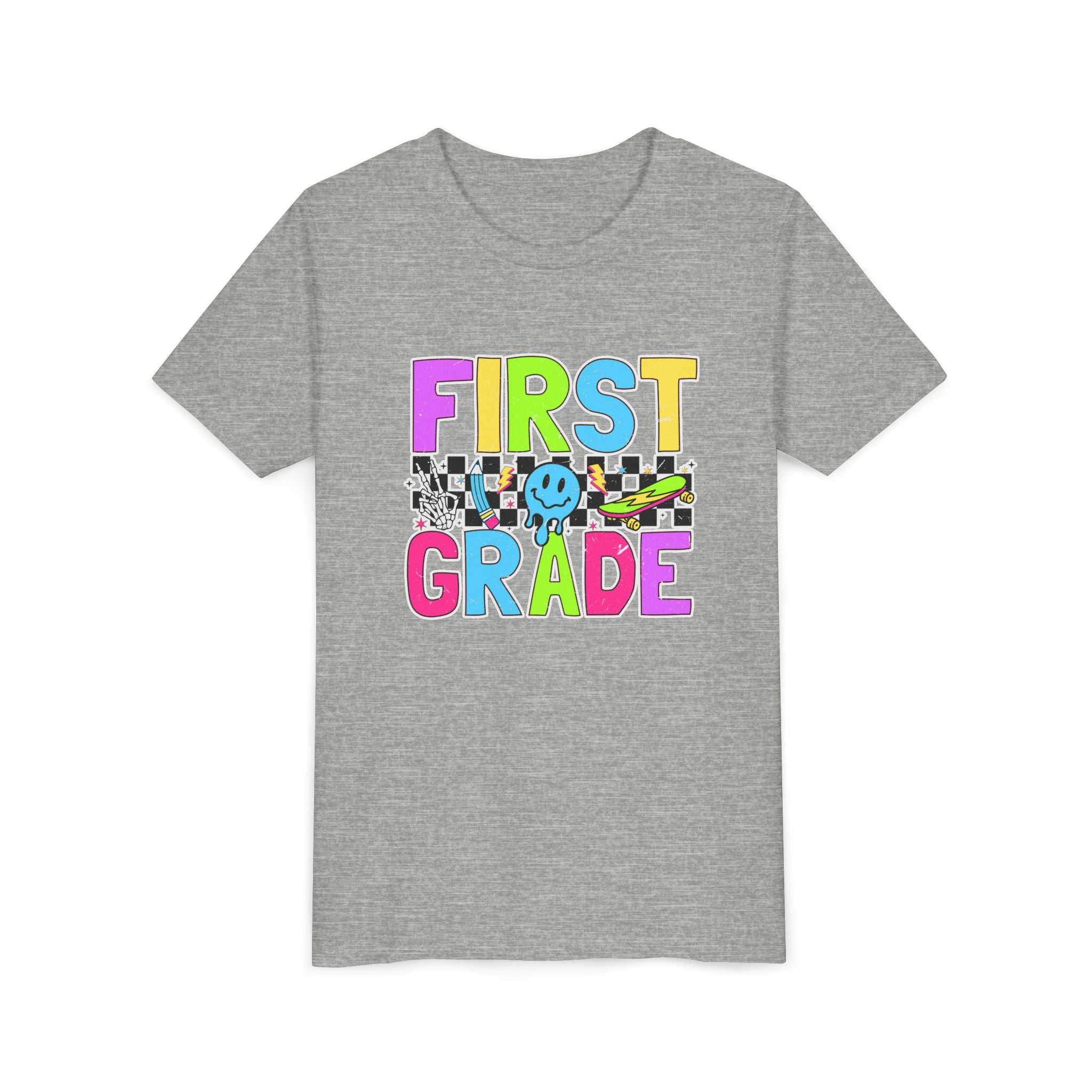 First Grade Youth T‑Shirt — Colorful Checkerboard Smile Back‑to‑School Tee