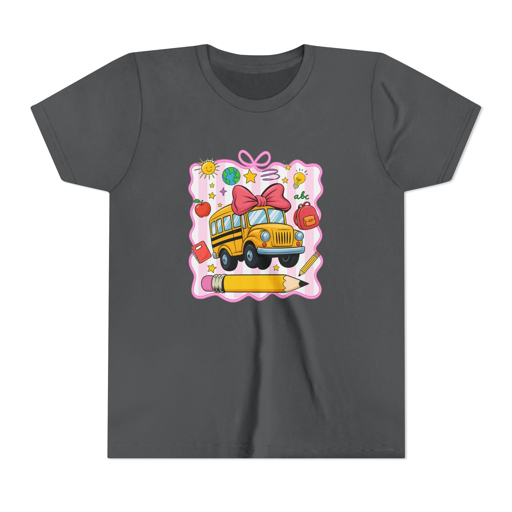 Youth Tee — Cute School Bus Back to School Kids Shirt (Pencil, Apple, Sun)