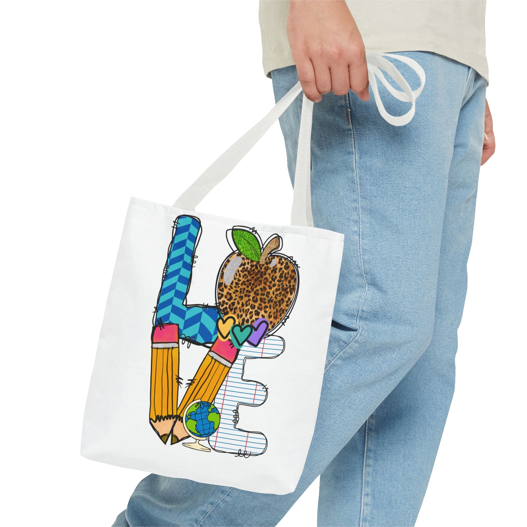 Love Teacher Tote Bag — Colorful School Apple & Pencil AOP Tote