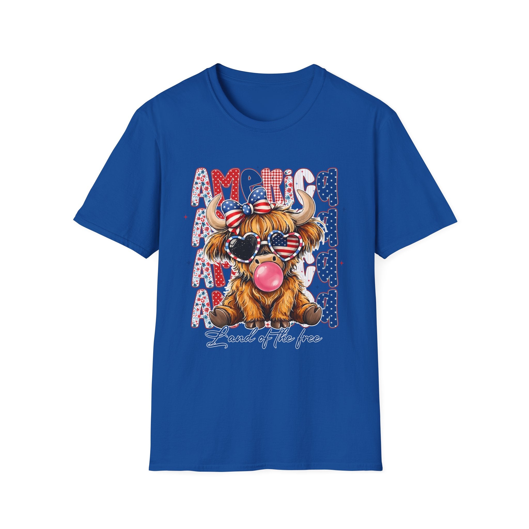 Patriotic Highland Cow T-Shirt — 'Land of the Free' 4th of July Tee
