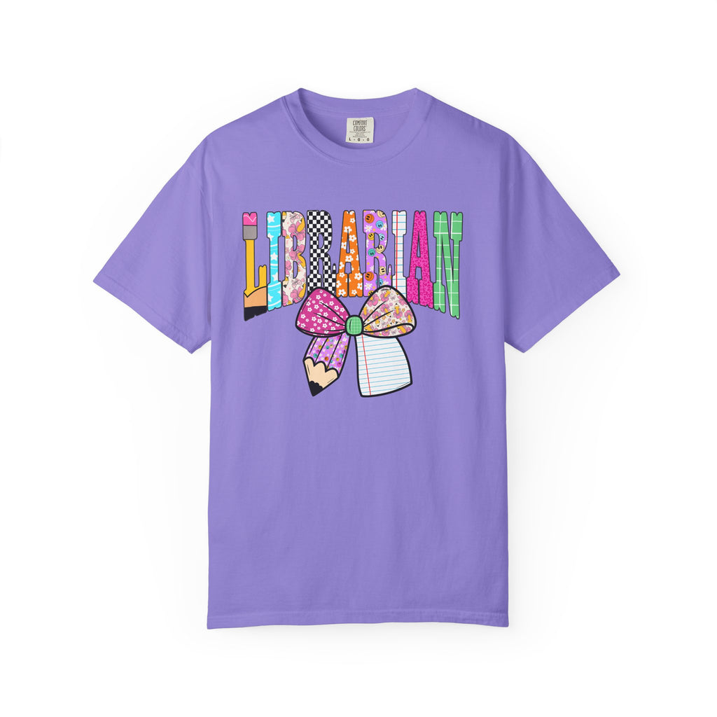 Librarian Graphic T‑Shirt — Colorful Bookish Bow Design