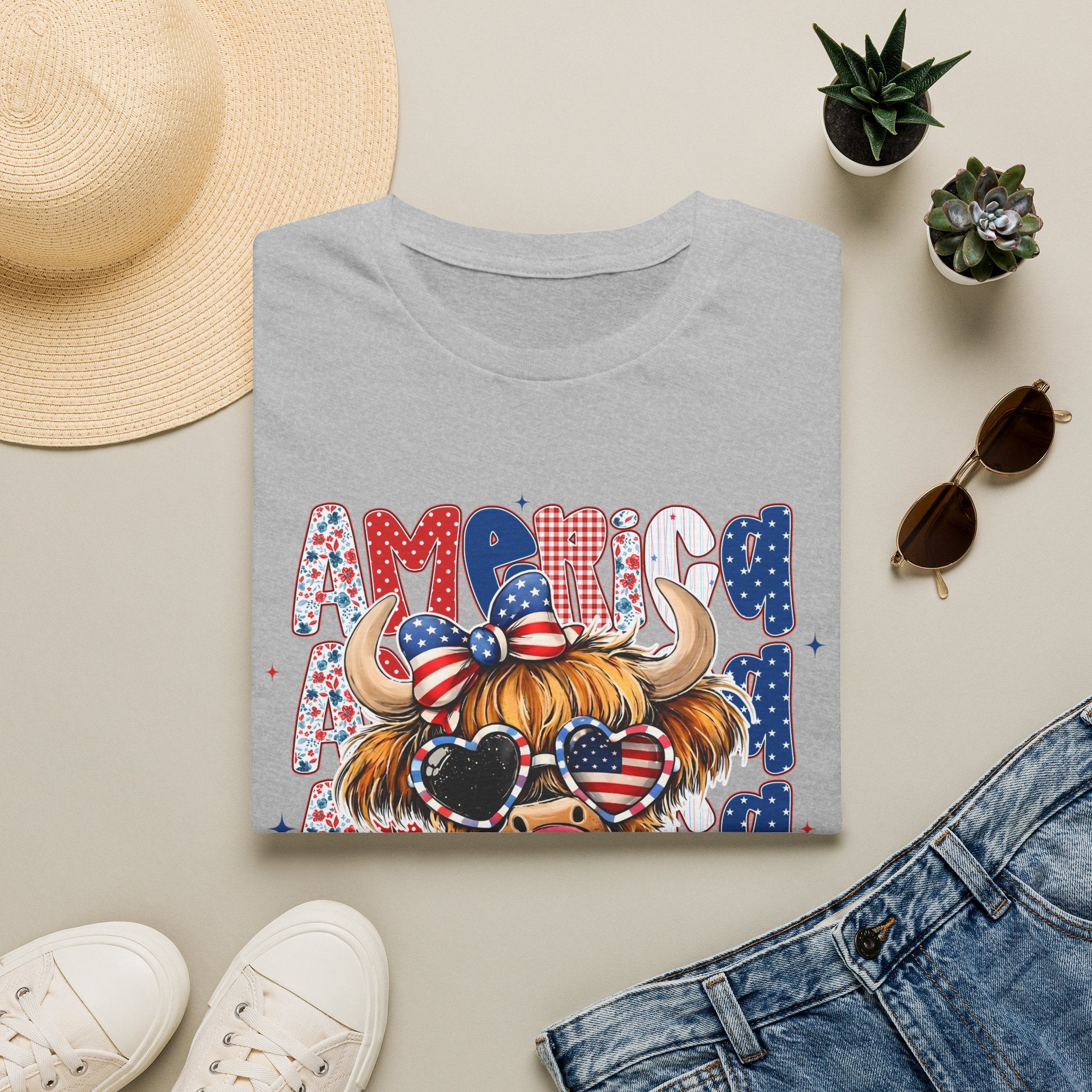 Patriotic Highland Cow T-Shirt — 'Land of the Free' 4th of July Tee