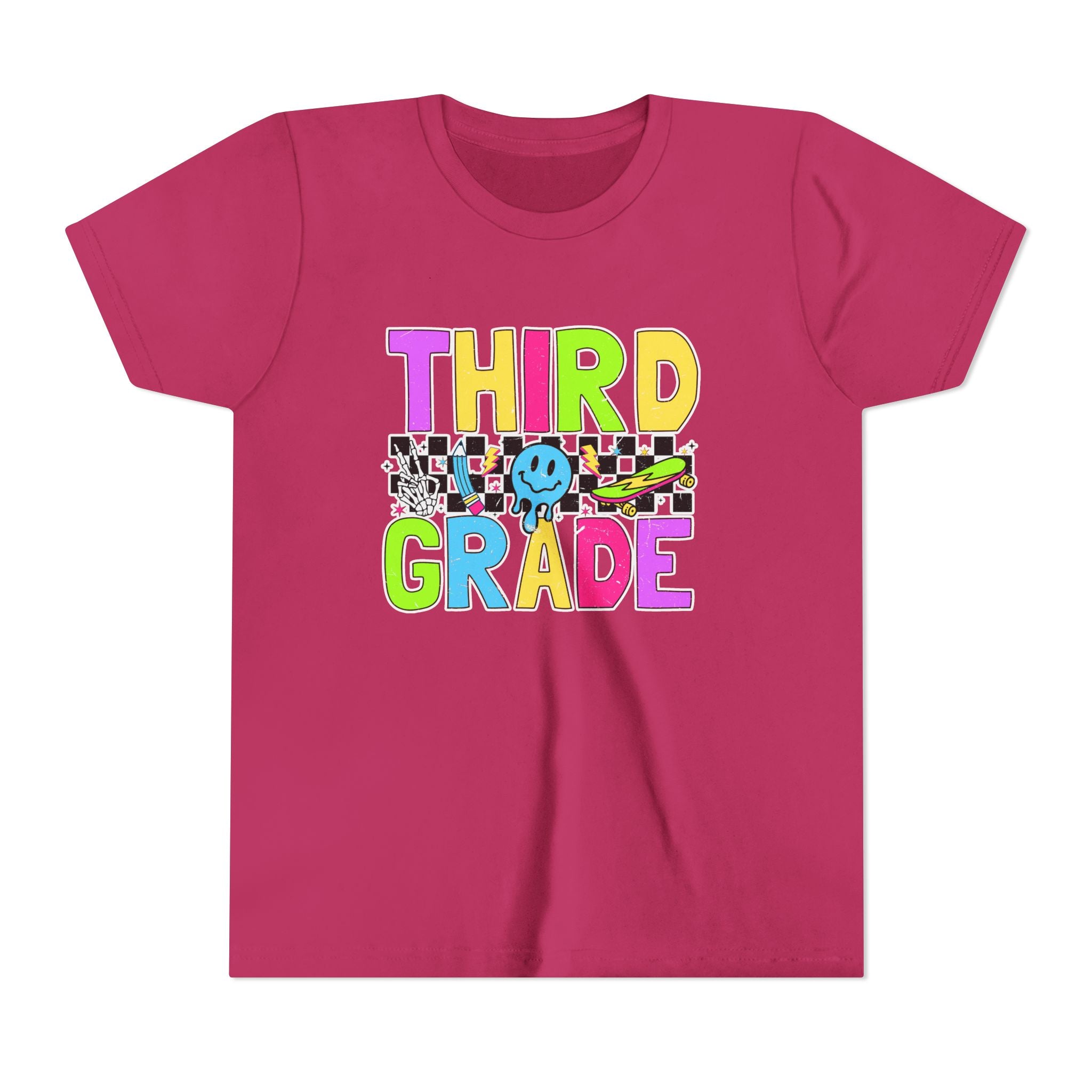 Third Grade Youth T‑Shirt — Colorful Checkerboard Smileback School Tee