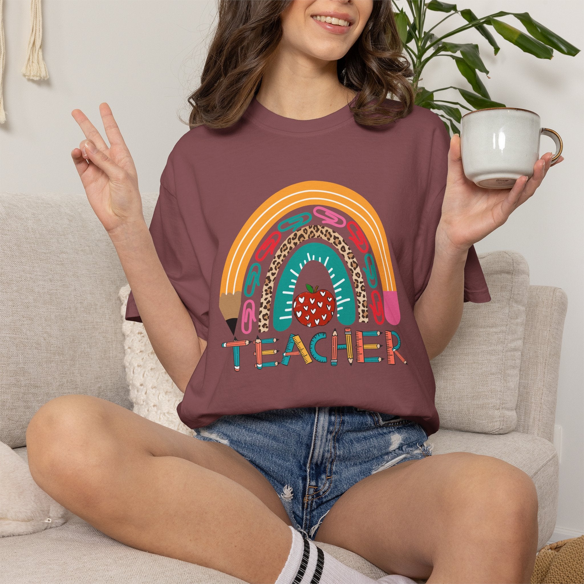Teacher Rainbow T-Shirt — Cute Apple & Pencil Back-to-School Tee