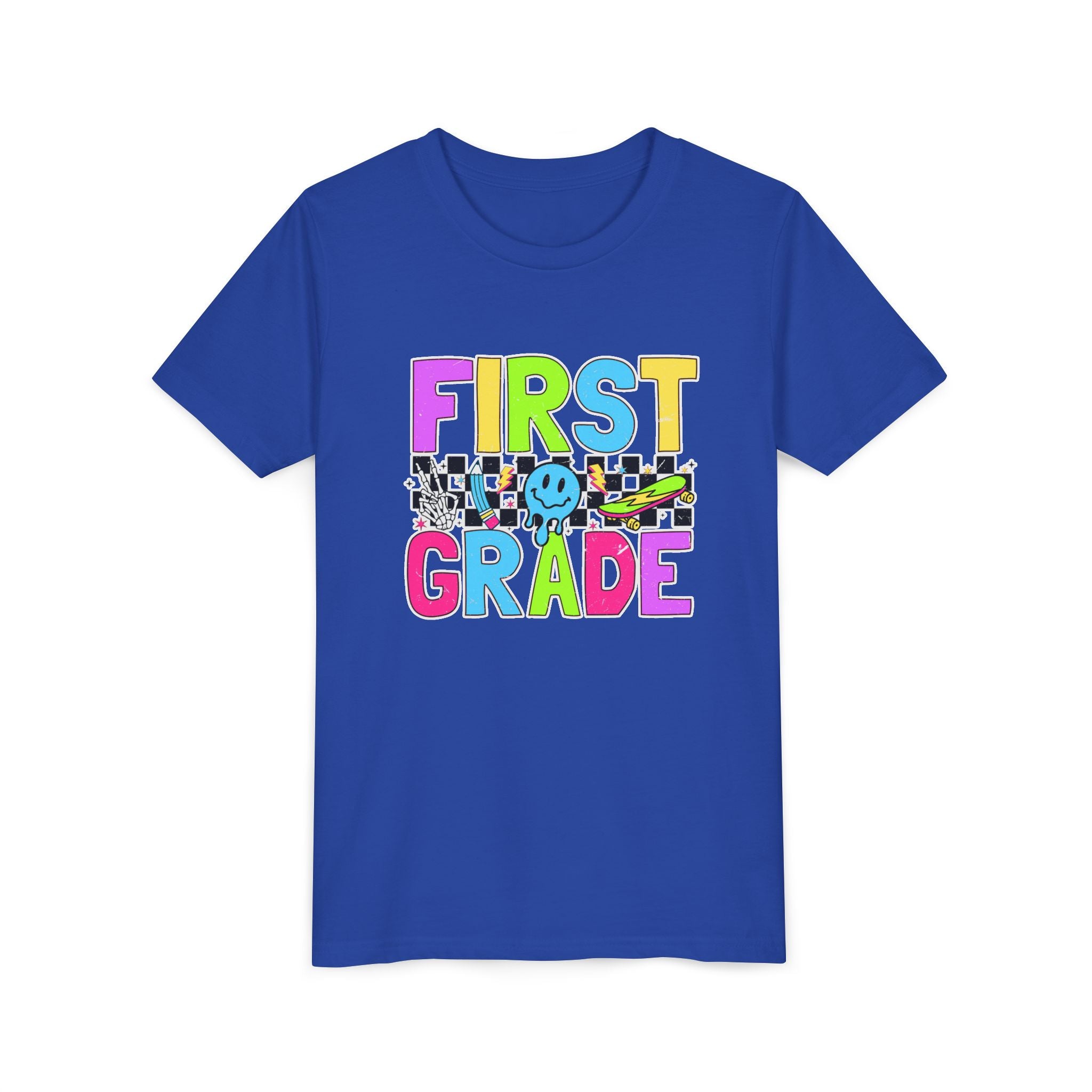 First Grade Youth T‑Shirt — Colorful Checkerboard Smile Back‑to‑School Tee