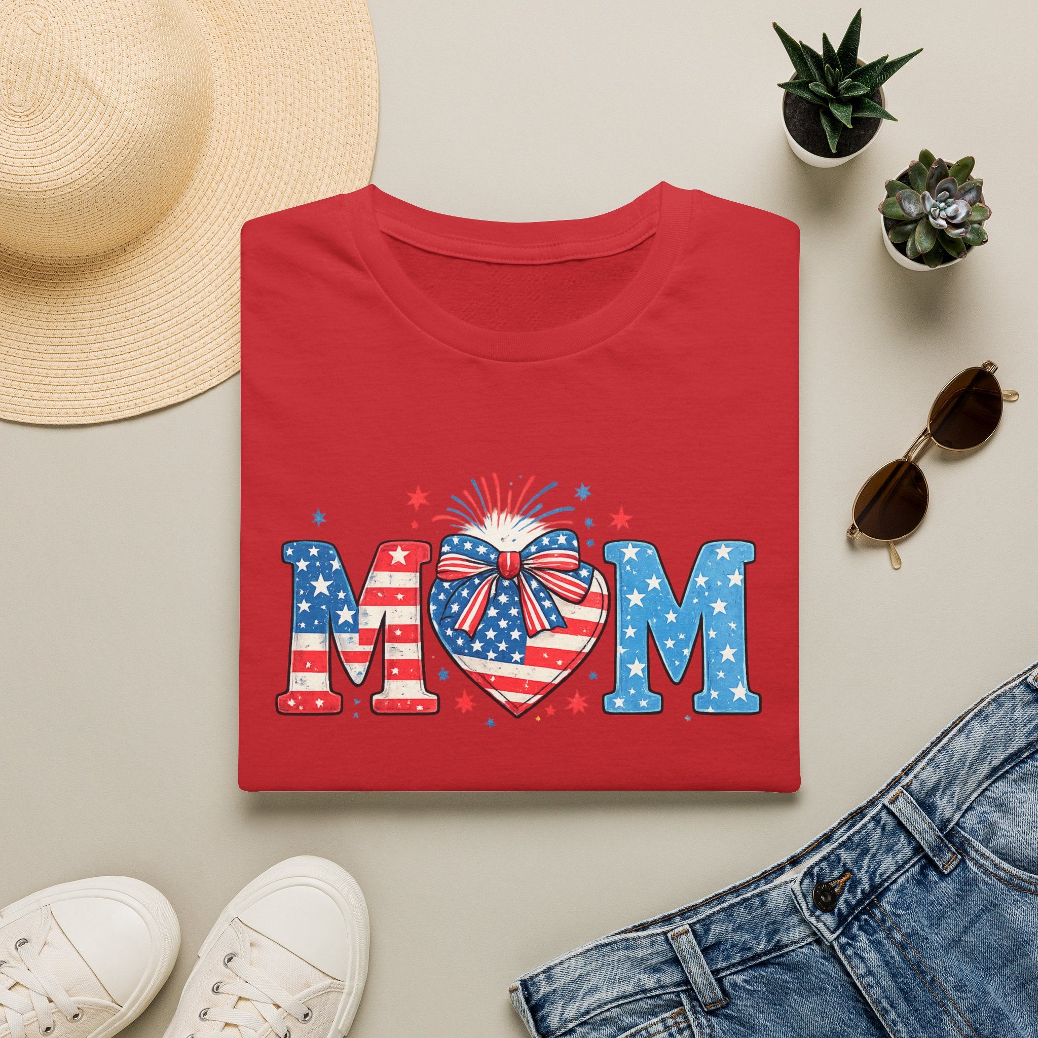 Patriotic MOM T-Shirt — Stars & Stripes Heart Design (Fourth of July / Mother's Day)