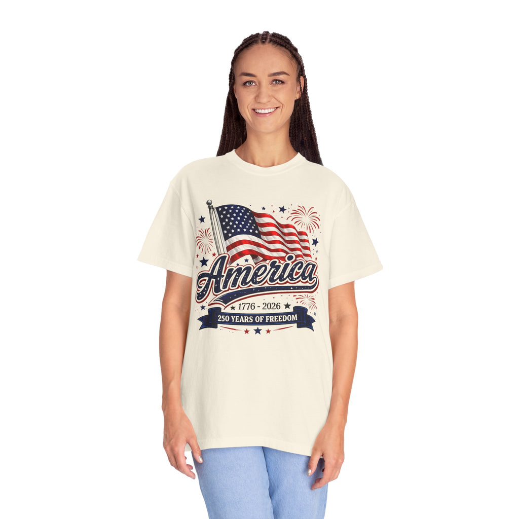 America 250th Anniversary T-Shirt — "America" Flag & Fireworks 1776–2026