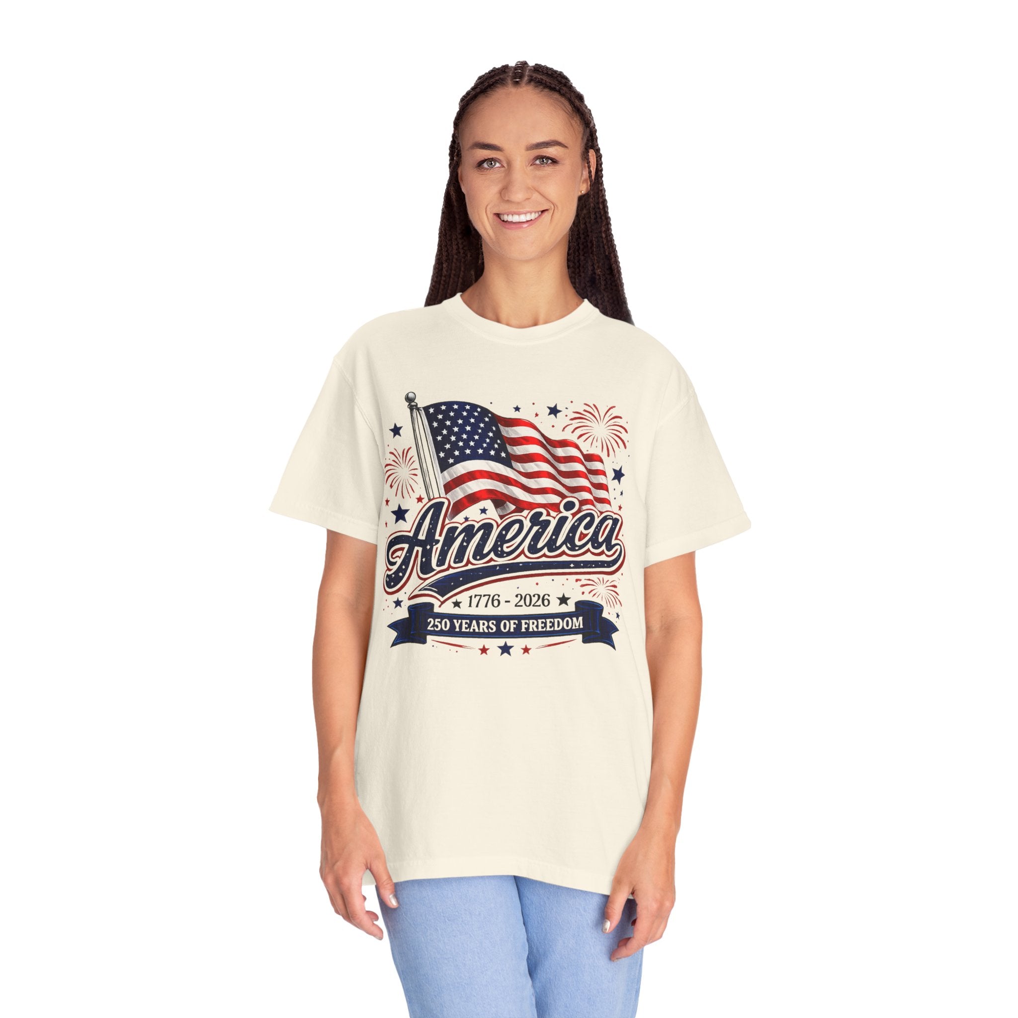 America 250th Anniversary T-Shirt — "America" Flag & Fireworks 1776–2026