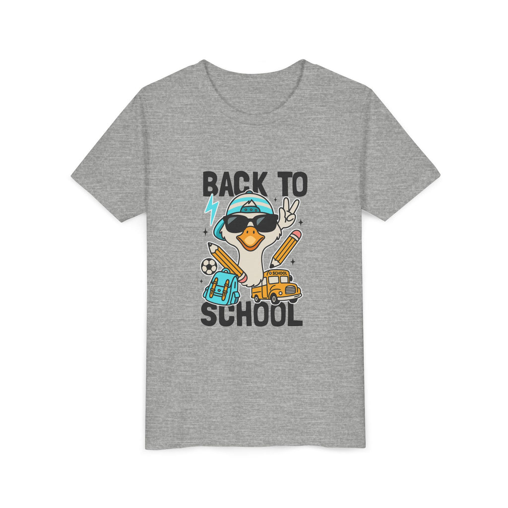 Back to School Duck Youth Tee — Cute Kids School Shirt with Backpack, Bus & Pencil Design