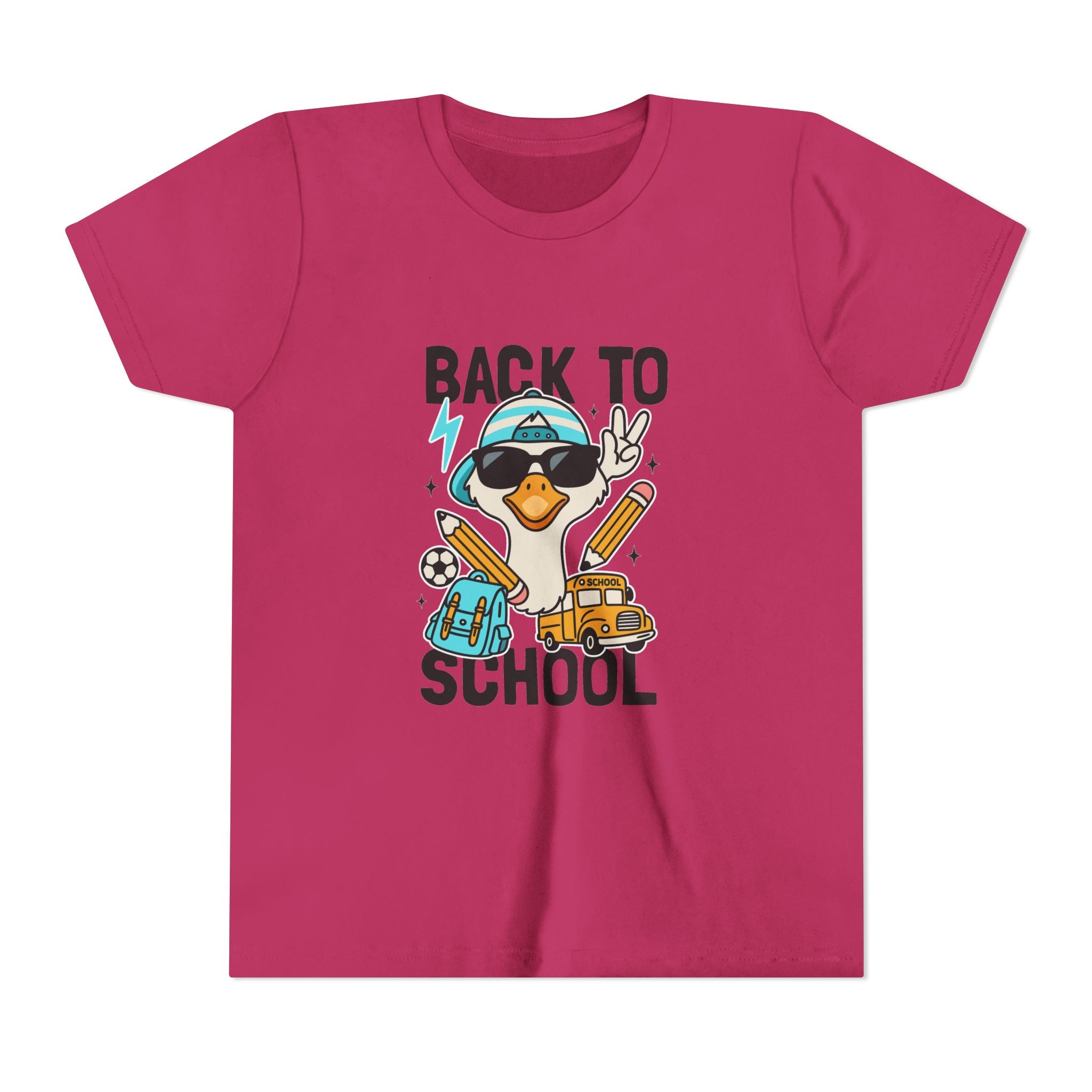 Back to School Duck Youth Tee — Cute Kids School Shirt with Backpack, Bus & Pencil Design