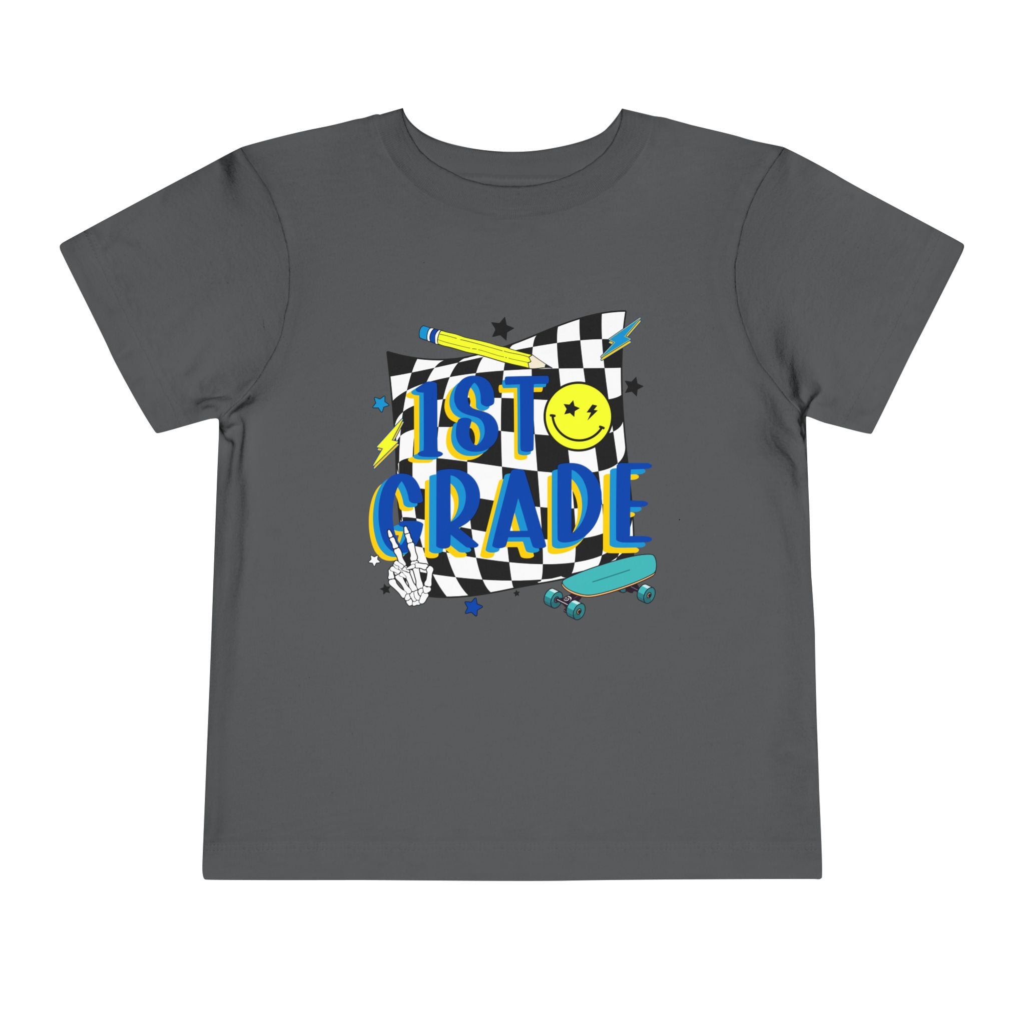 1st Grade Toddler Tee - Back-to-School Smile Skateboard Design