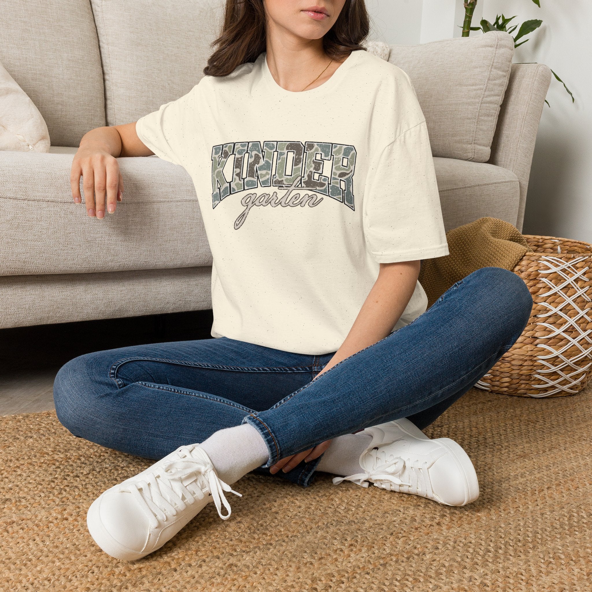 Kindergarten Camo T-Shirt — 'Kindergarten' Script & Camo Block Design