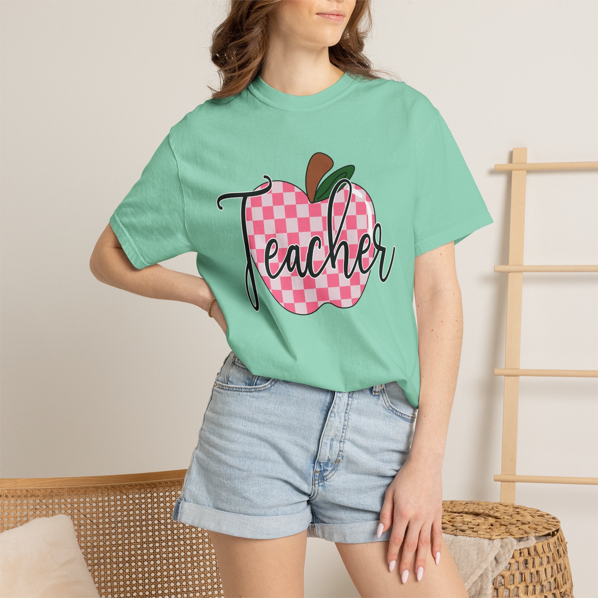 Teacher Apple T-Shirt — Pink Checkered Apple Teacher Tee