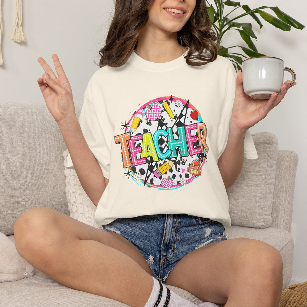 Teacher Graphic T-Shirt — Colorful School Supplies Design