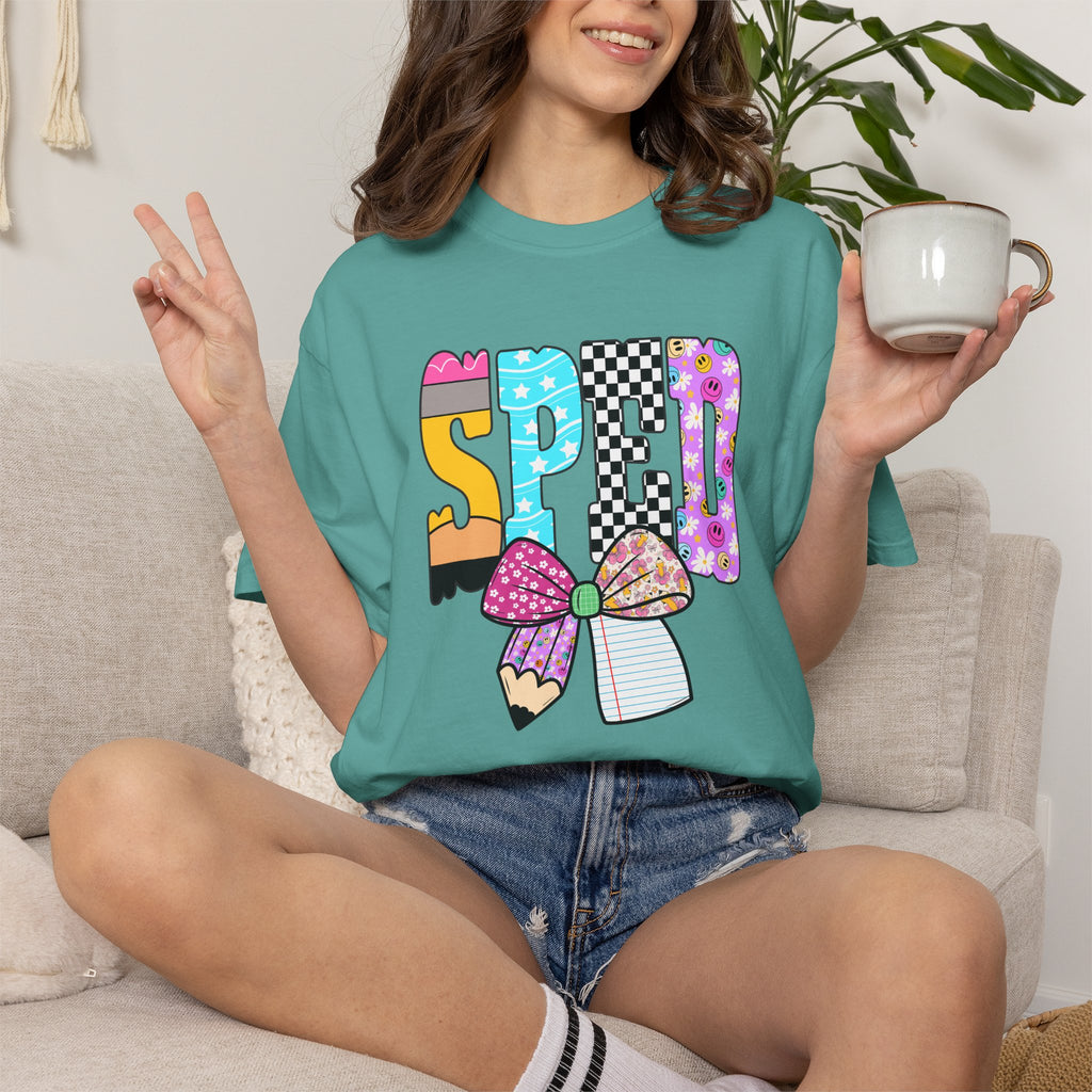 Spring Pencil Bow T-Shirt — Cute Colorful 'SPRING' Graphic Tee