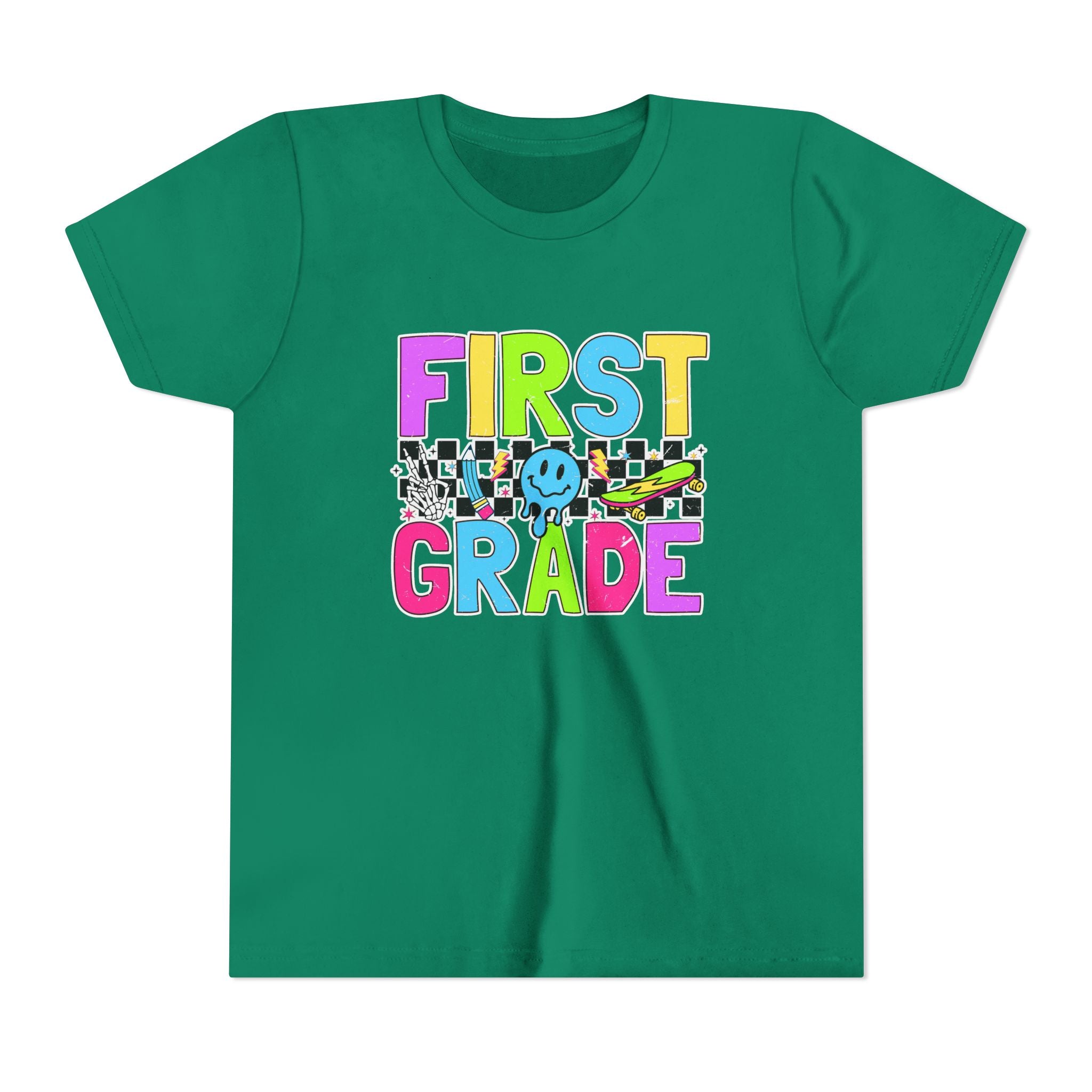 First Grade Youth T‑Shirt — Colorful Checkerboard Smile Back‑to‑School Tee