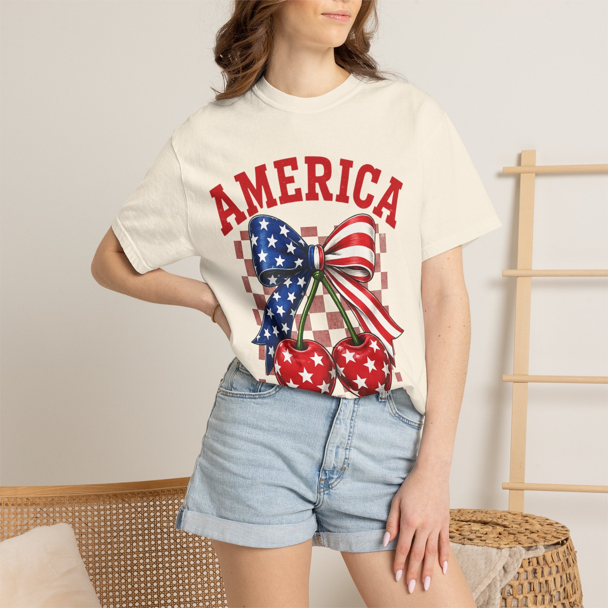 America Cherry Graphic T-Shirt — Patriotic Stars & Stripes Bow Tee