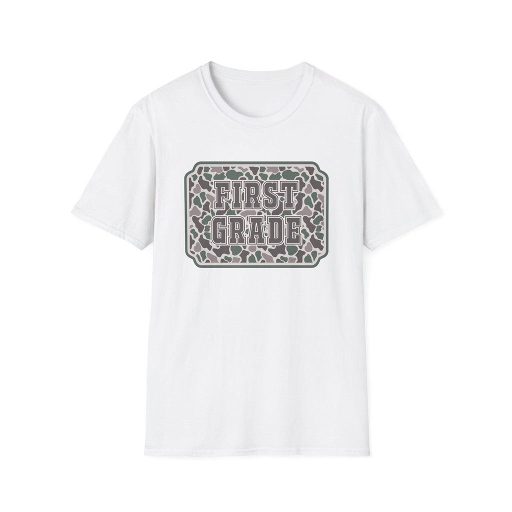 First Grade Camo T-Shirt — 'FIRST GRADE' School Teacher / Back-to-School Shirt