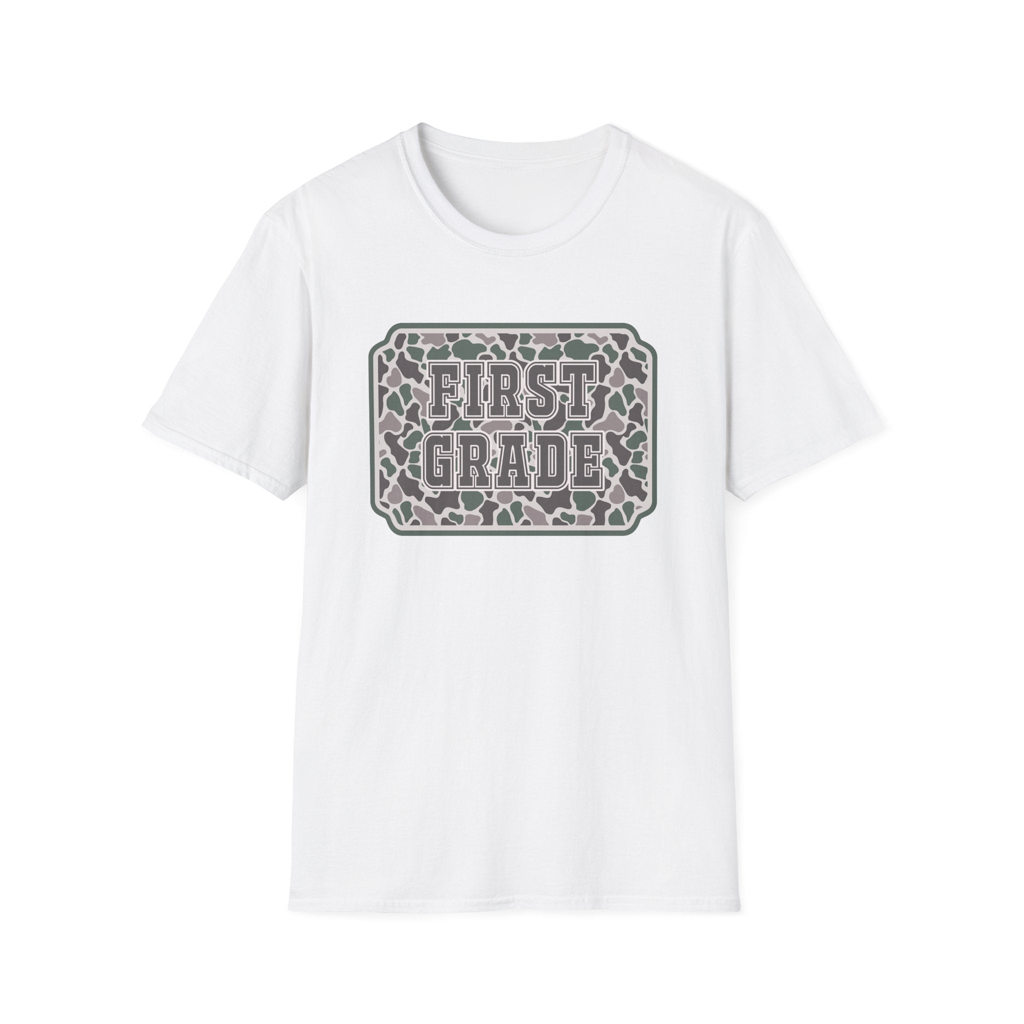 First Grade Camo T-Shirt — 'FIRST GRADE' School Teacher / Back-to-School Shirt