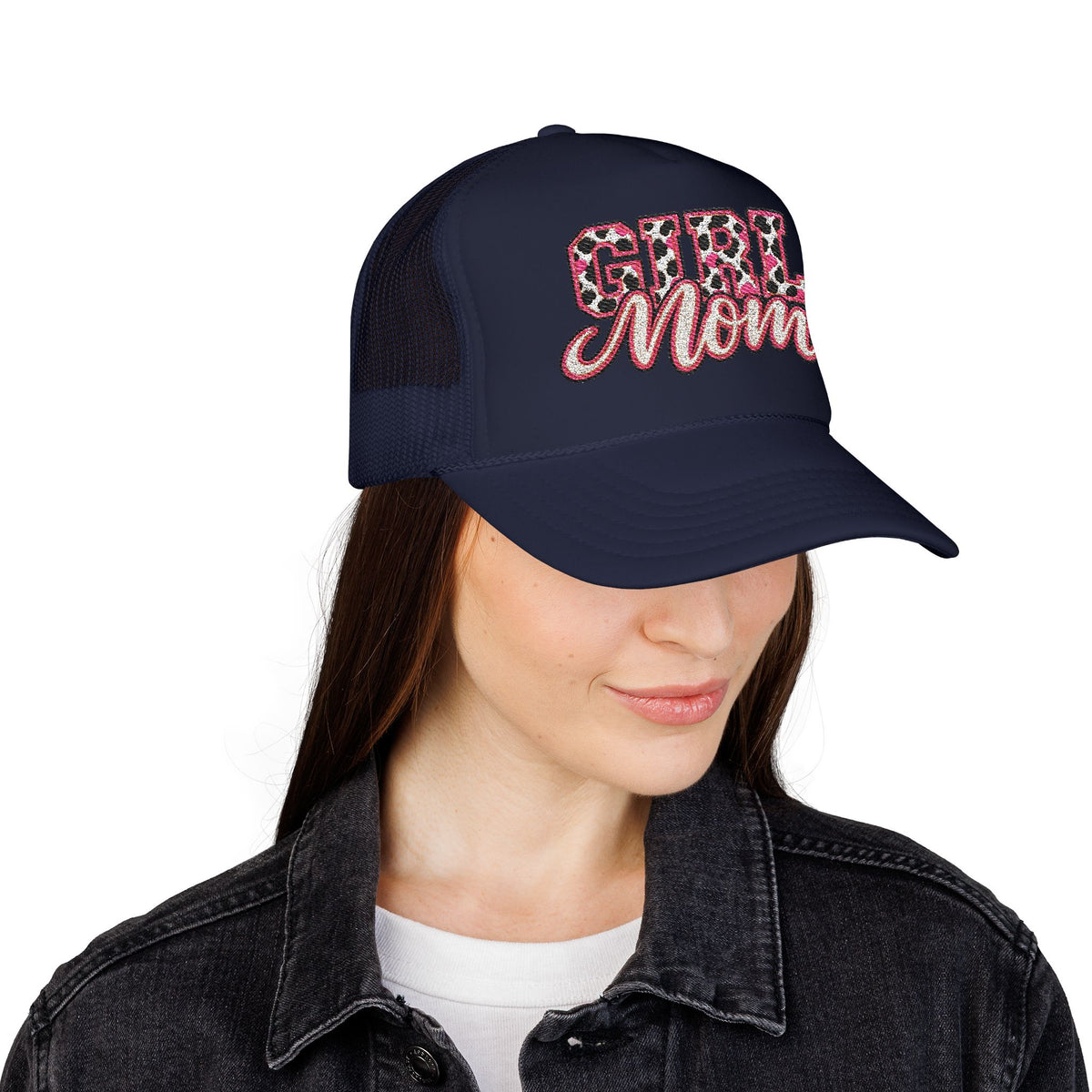 Girl Mom Leopard Foam Trucker Hat — Pink Glitter Script Mesh Cap