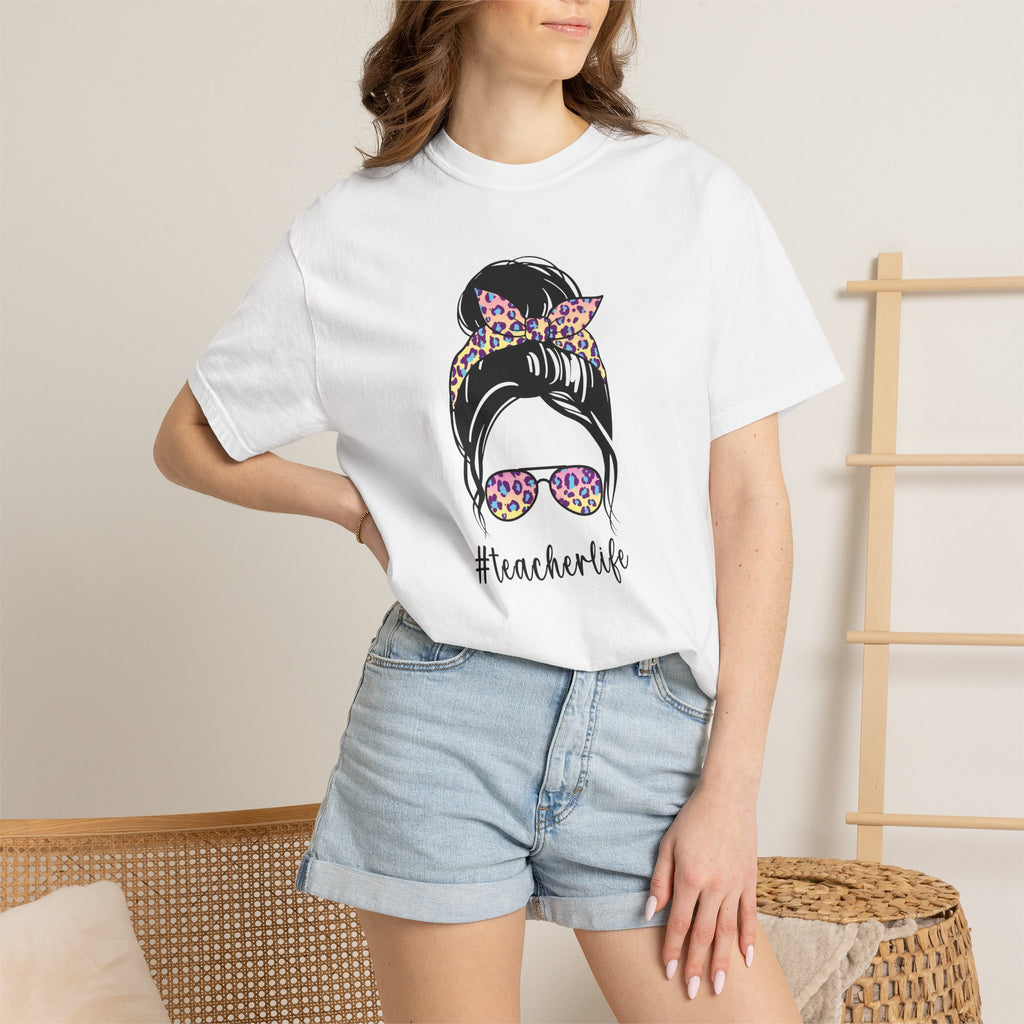 Teacher Life Floral Messy Bun T-Shirt