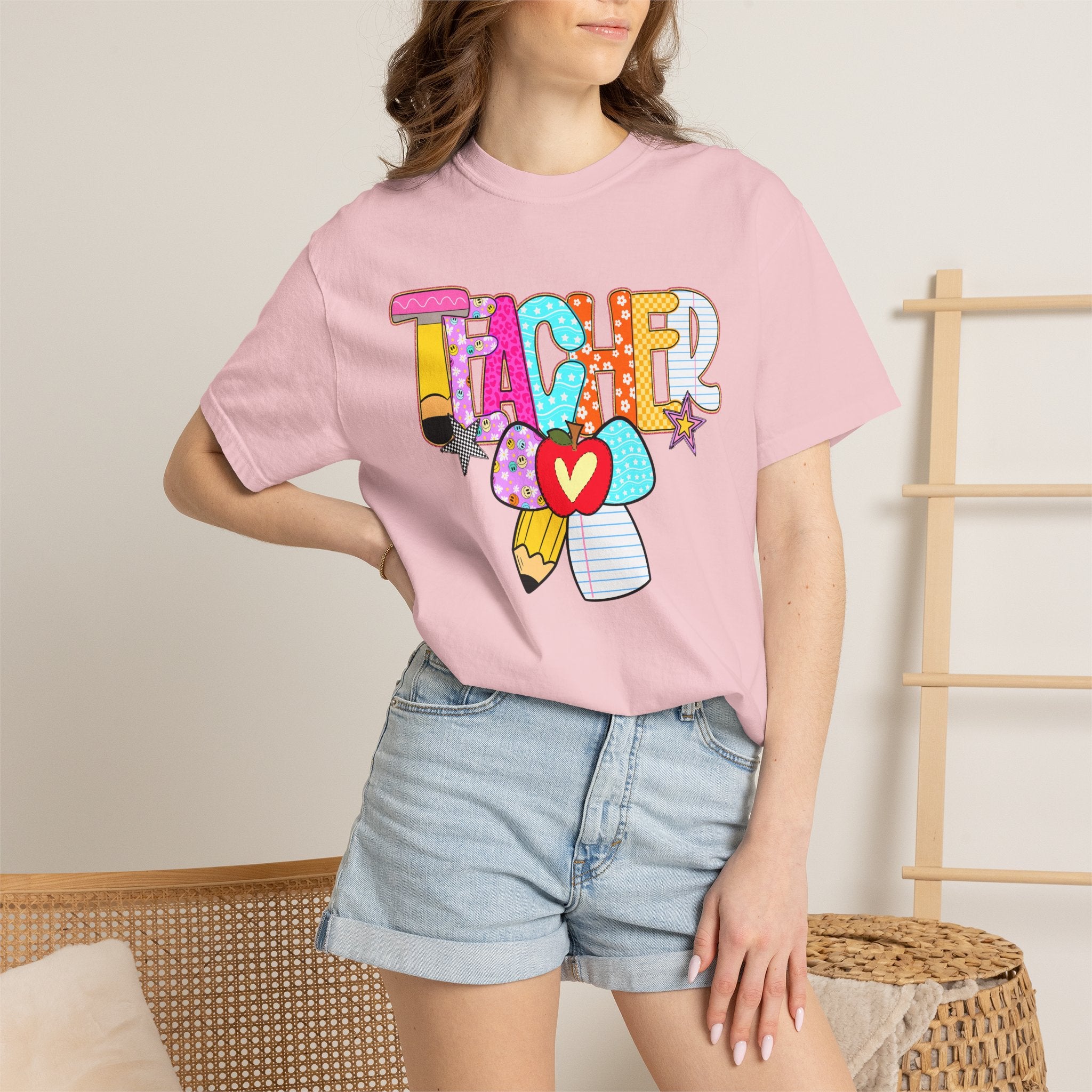 Teacher Doodle Graphic T‑Shirt — Colorful Pencil & Apple School Design