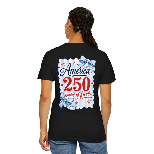 America 250 Years of Freedom T-Shirt — Patriotic Red, White & Blue Bow Tee