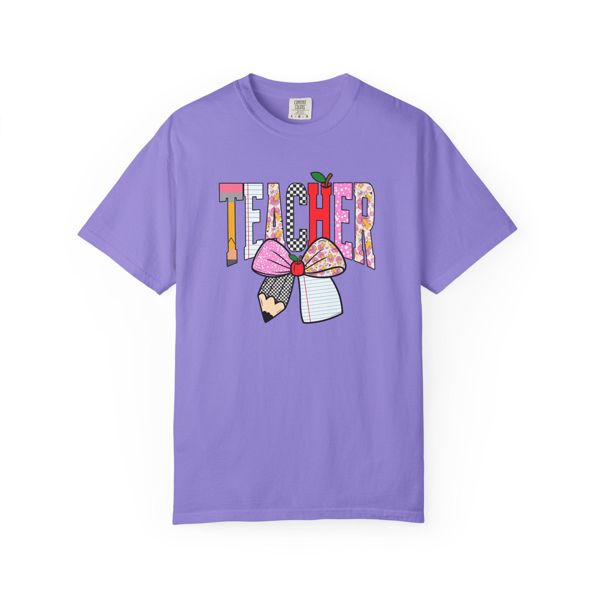 Teacher Graphic T-Shirt — Colorful Pencil & Bow Design
