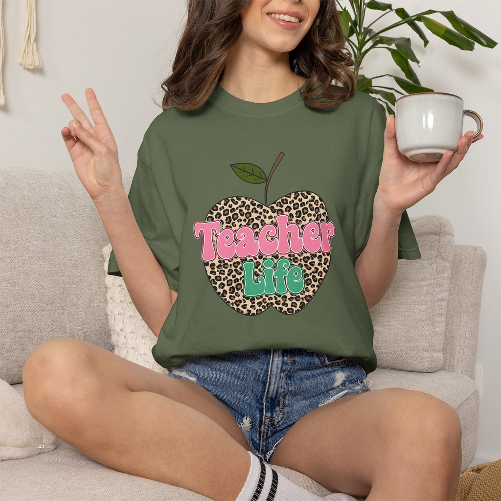 Teacher Life T-Shirt — Leopard Apple Graphic Tee for Educators