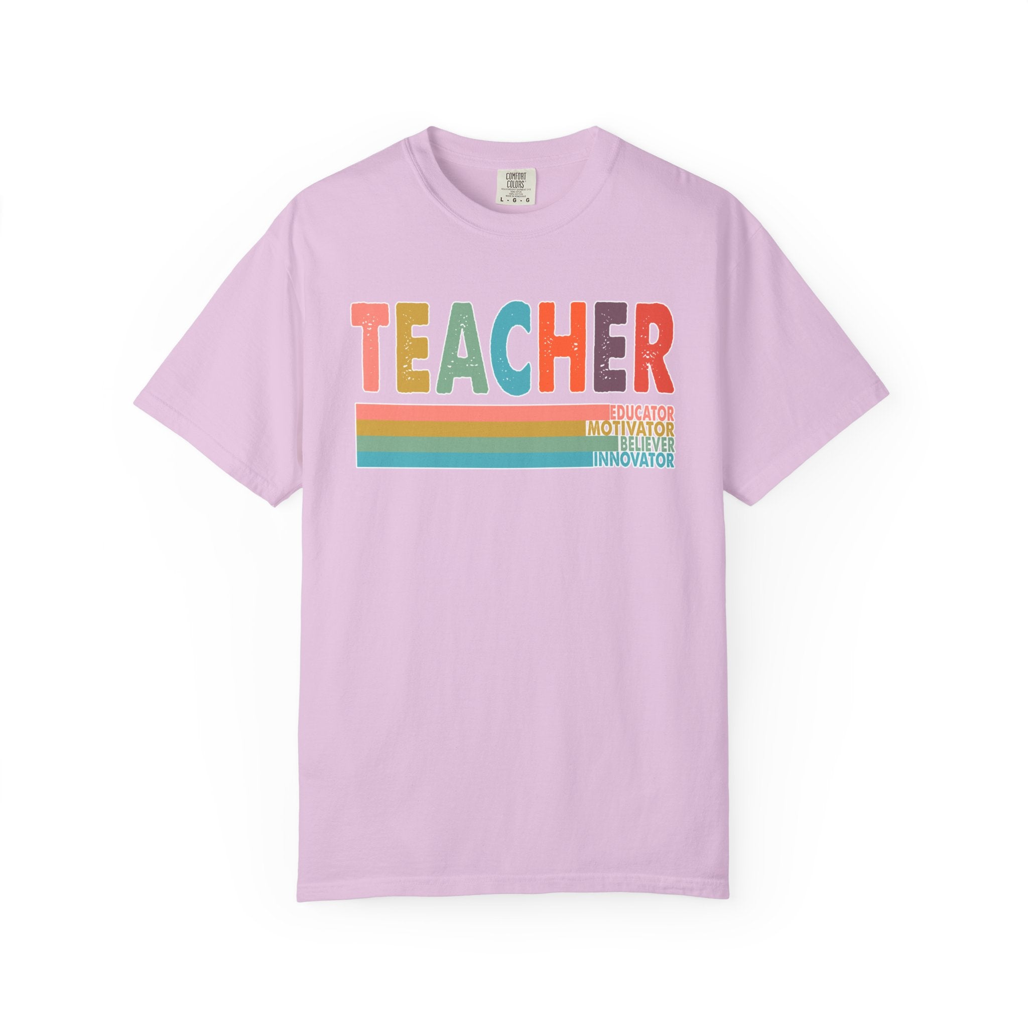 Teacher Rainbow Stripes T-Shirt — Retro Colorful Educator Tee