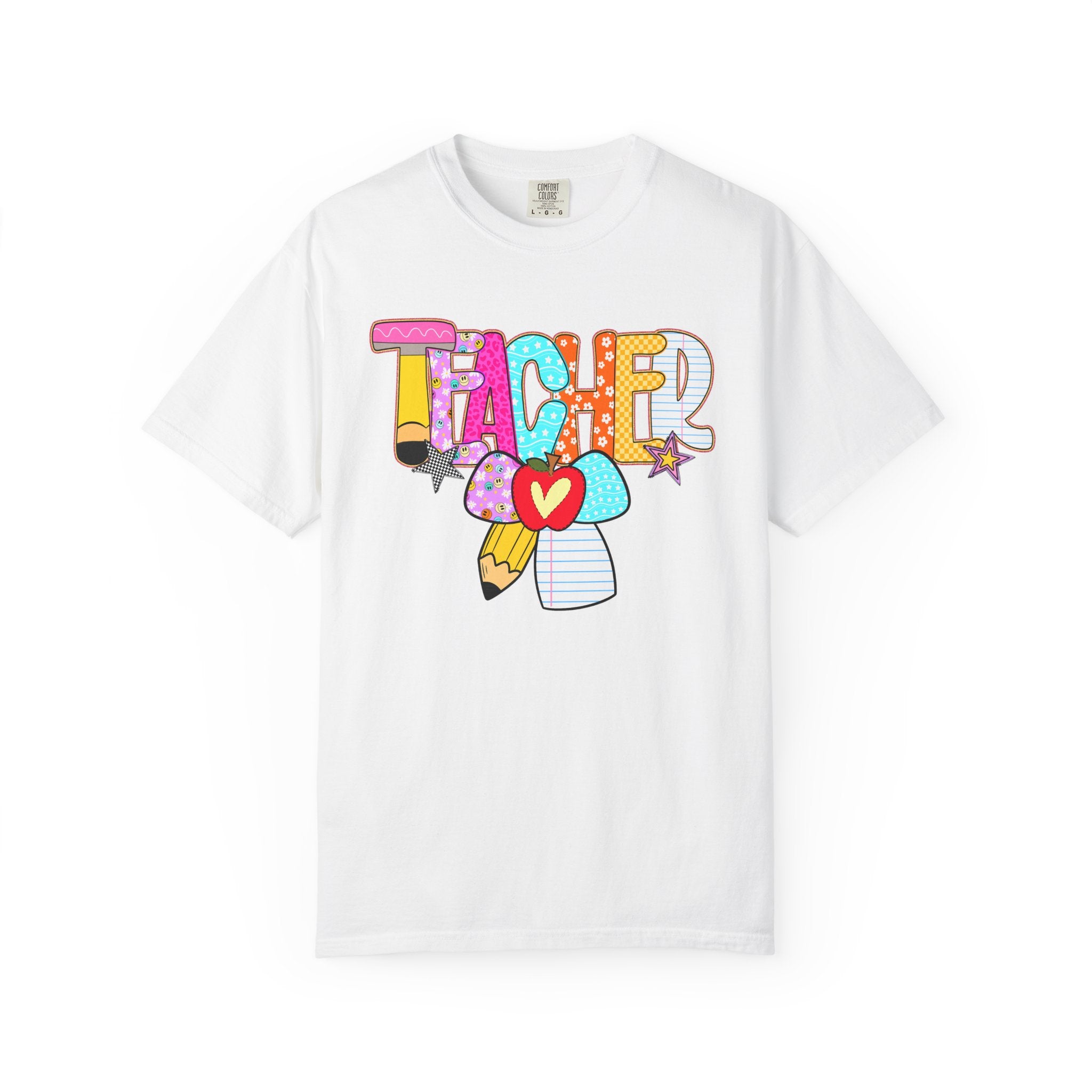 Teacher Doodle Graphic T‑Shirt — Colorful Pencil & Apple School Design