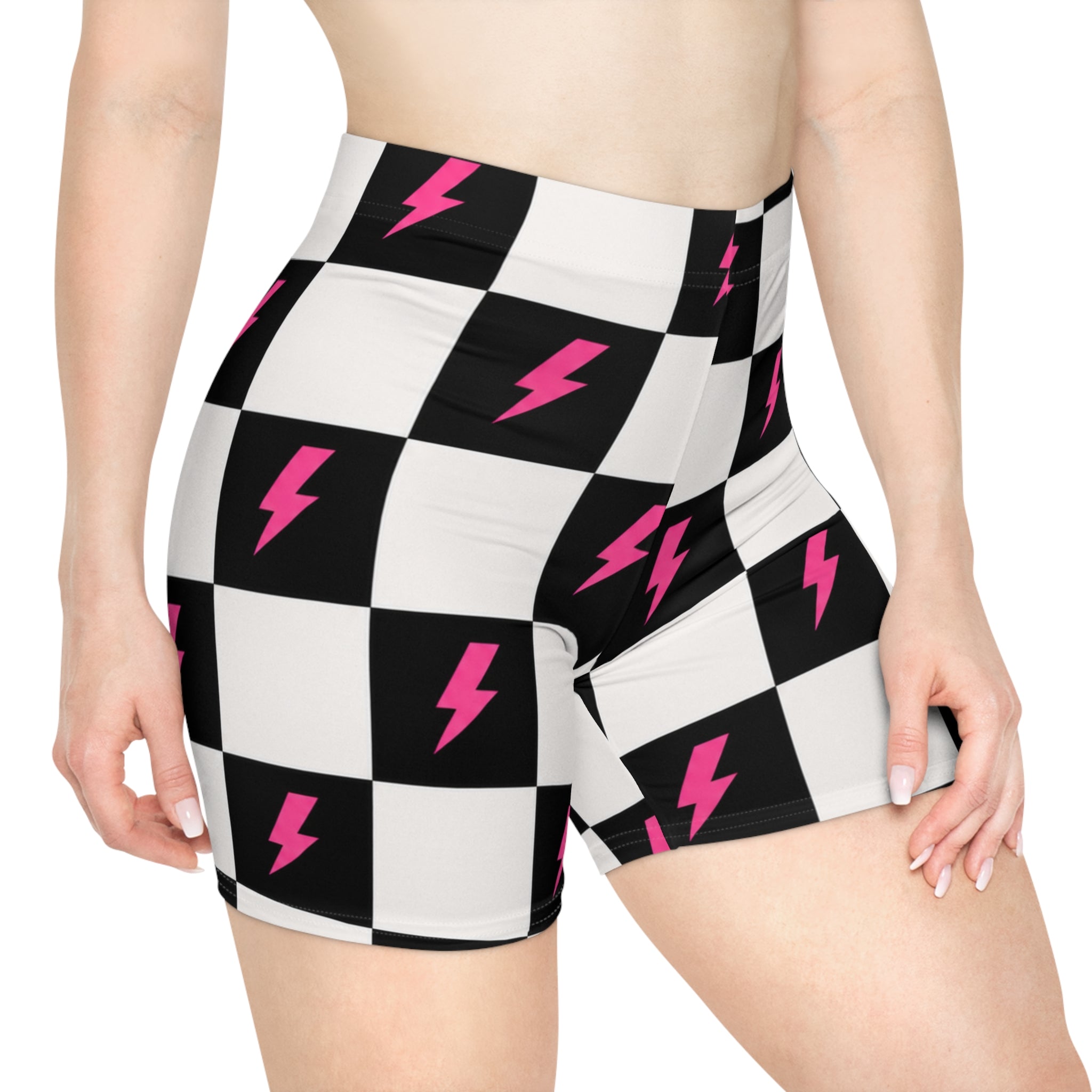 Checkerboard Lightning Biker Shorts — Pink Bolt Pattern
