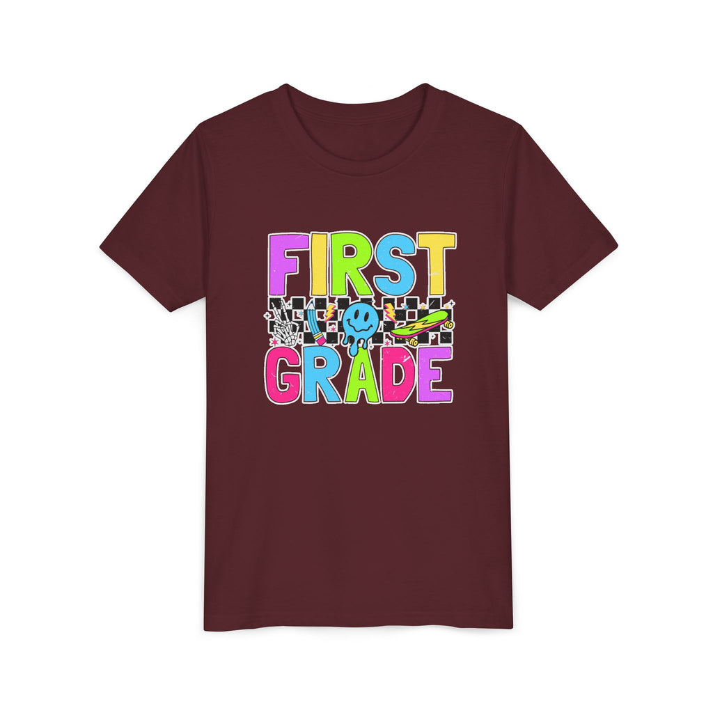 First Grade Youth T‑Shirt — Colorful Checkerboard Smile Back‑to‑School Tee