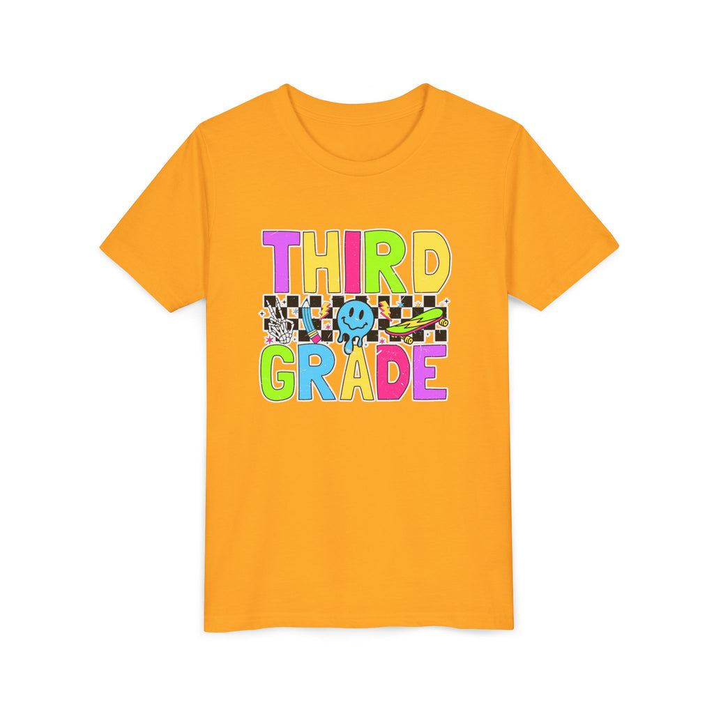 Third Grade Youth T‑Shirt — Colorful Checkerboard Smileback School Tee