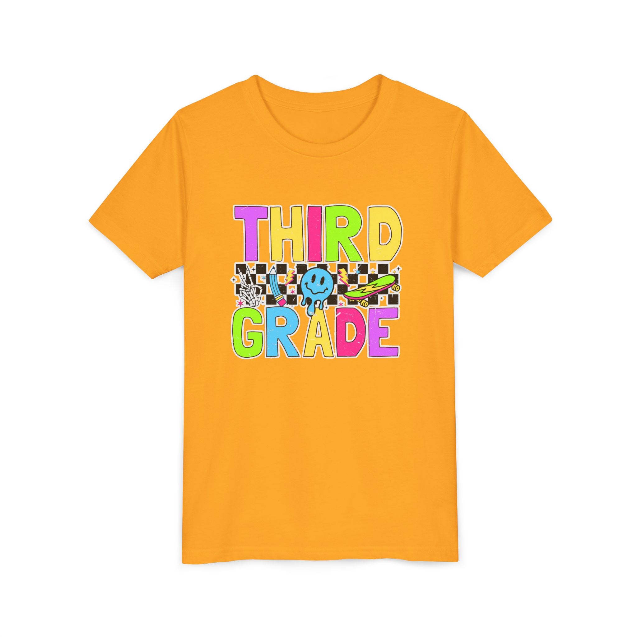 Third Grade Youth T‑Shirt — Colorful Checkerboard Smileback School Tee
