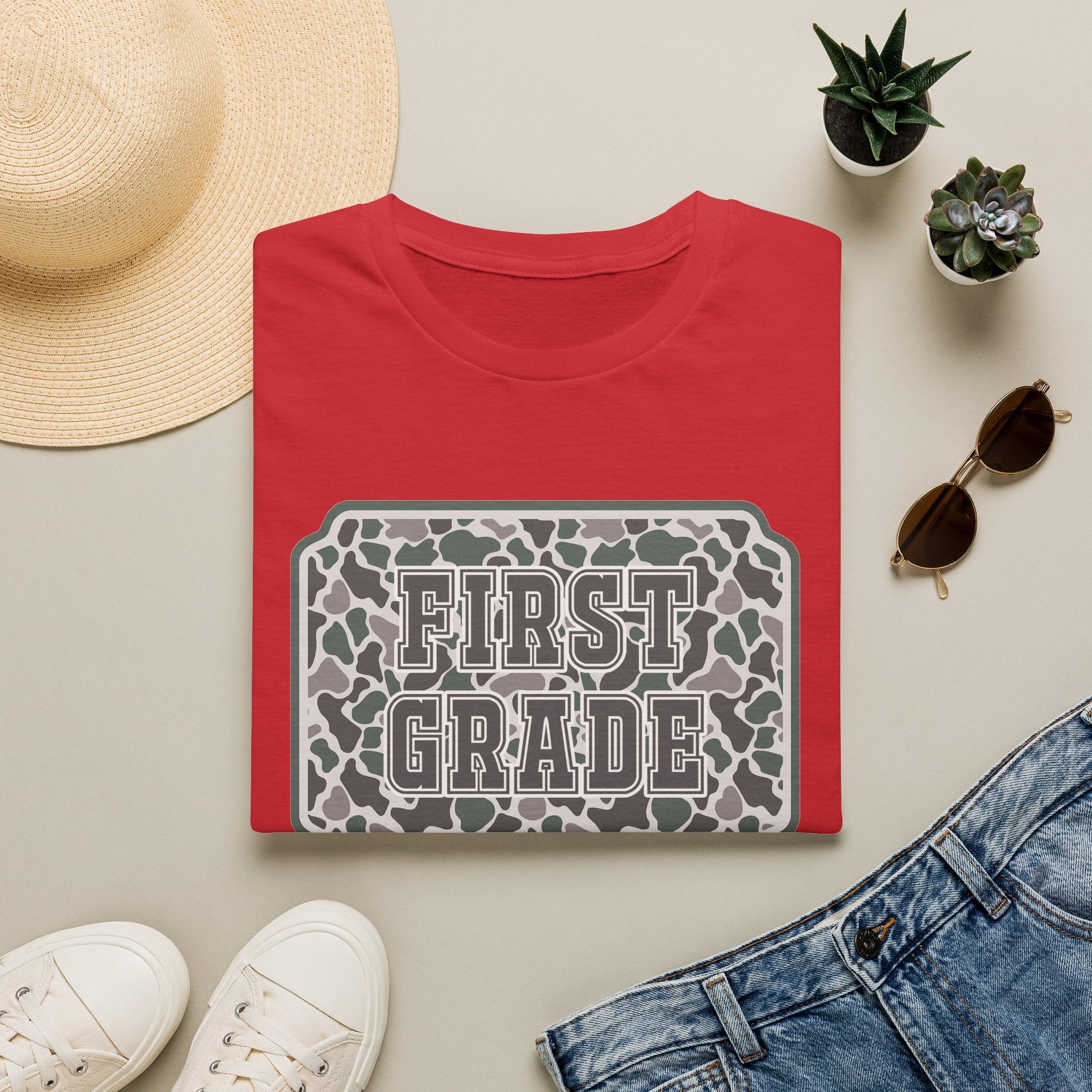 First Grade Camo T-Shirt — 'FIRST GRADE' School Teacher / Back-to-School Shirt