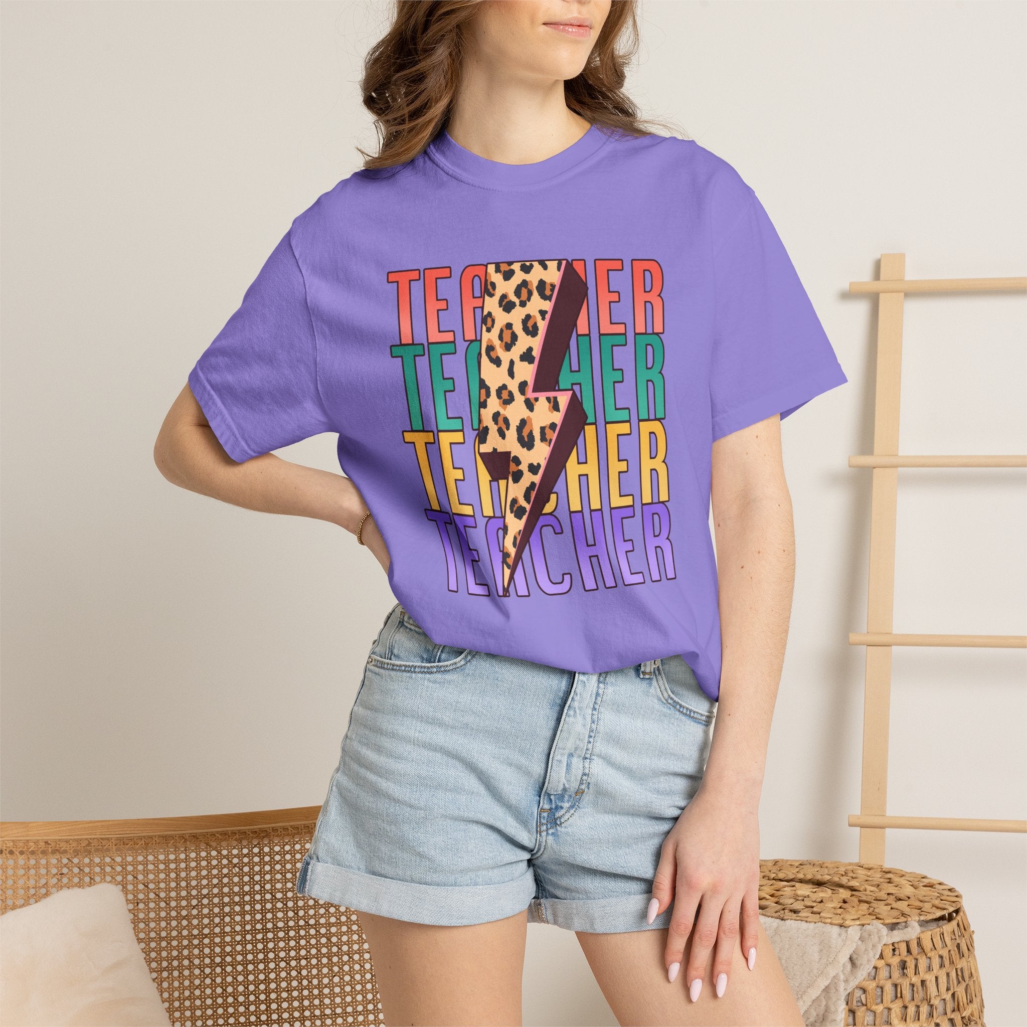Teacher Lightning Bolt Leopard Print T‑Shirt — Colorful Retro Teacher Tee