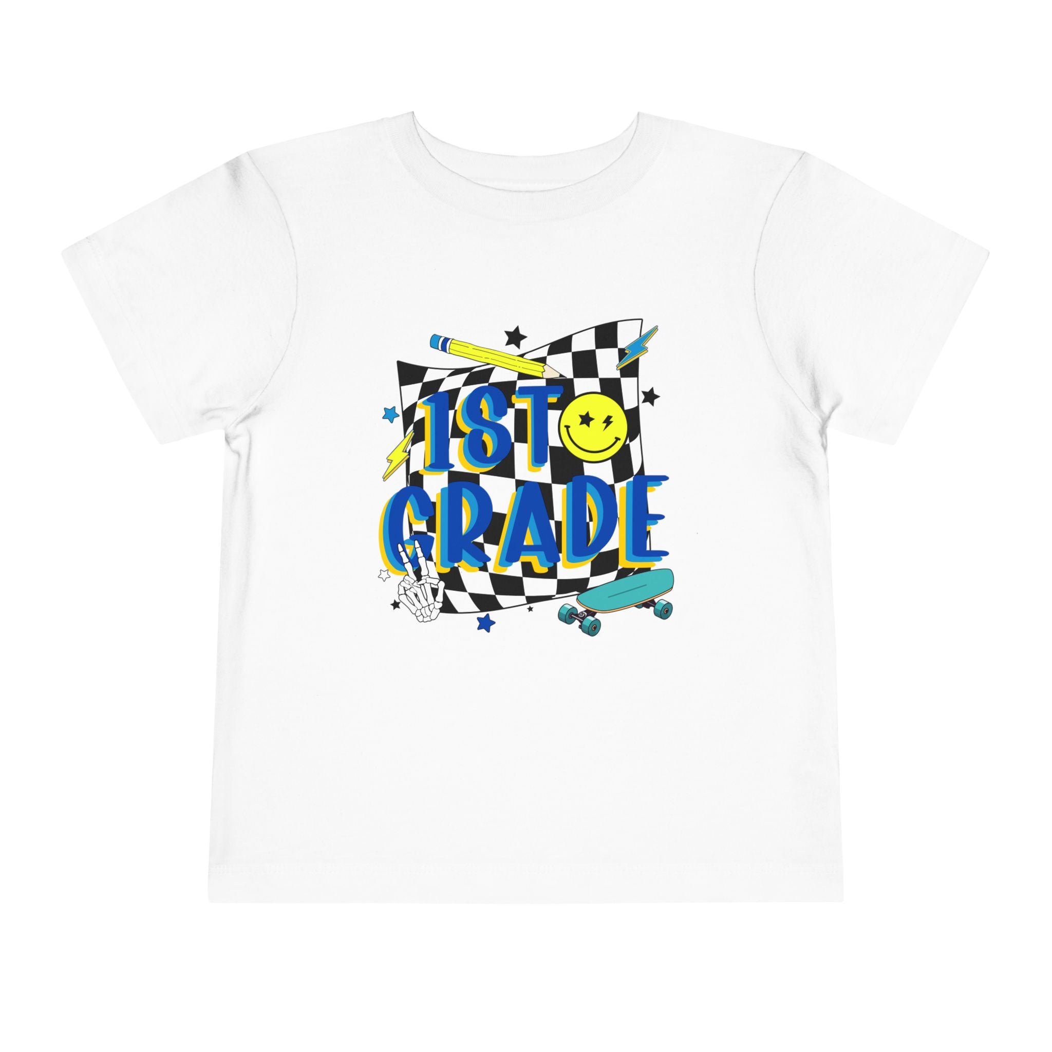 1st Grade Toddler Tee - Back-to-School Smile Skateboard Design