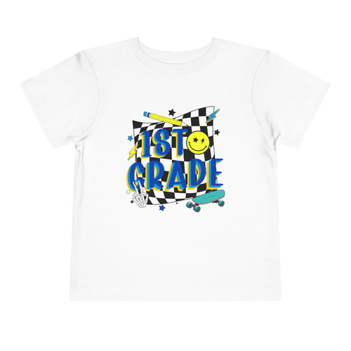 1st Grade Toddler Tee - Back-to-School Smile Skateboard Design