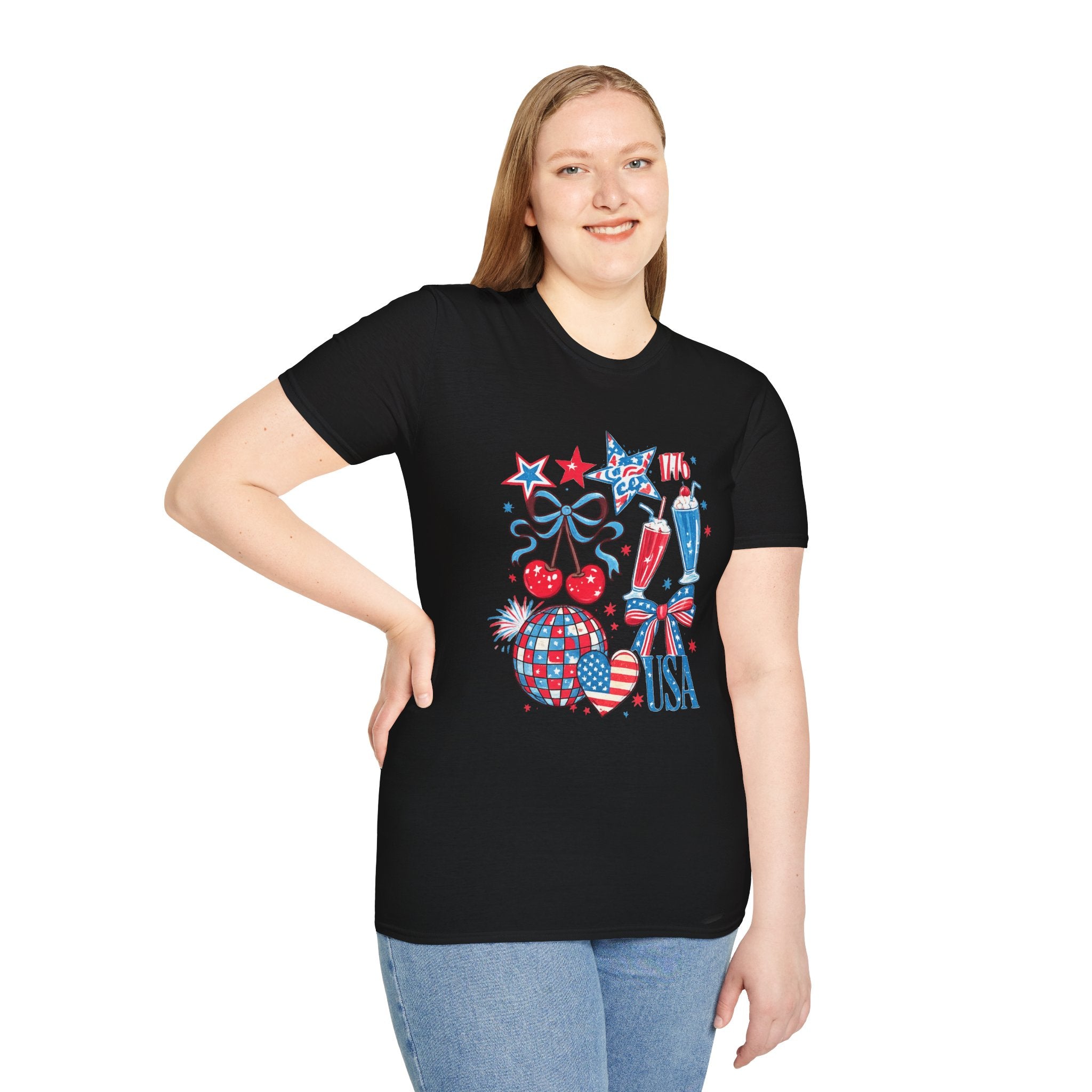 Patriotic 4th of July T-Shirt — USA 1776 Red White Blue Cherry & Soda Design