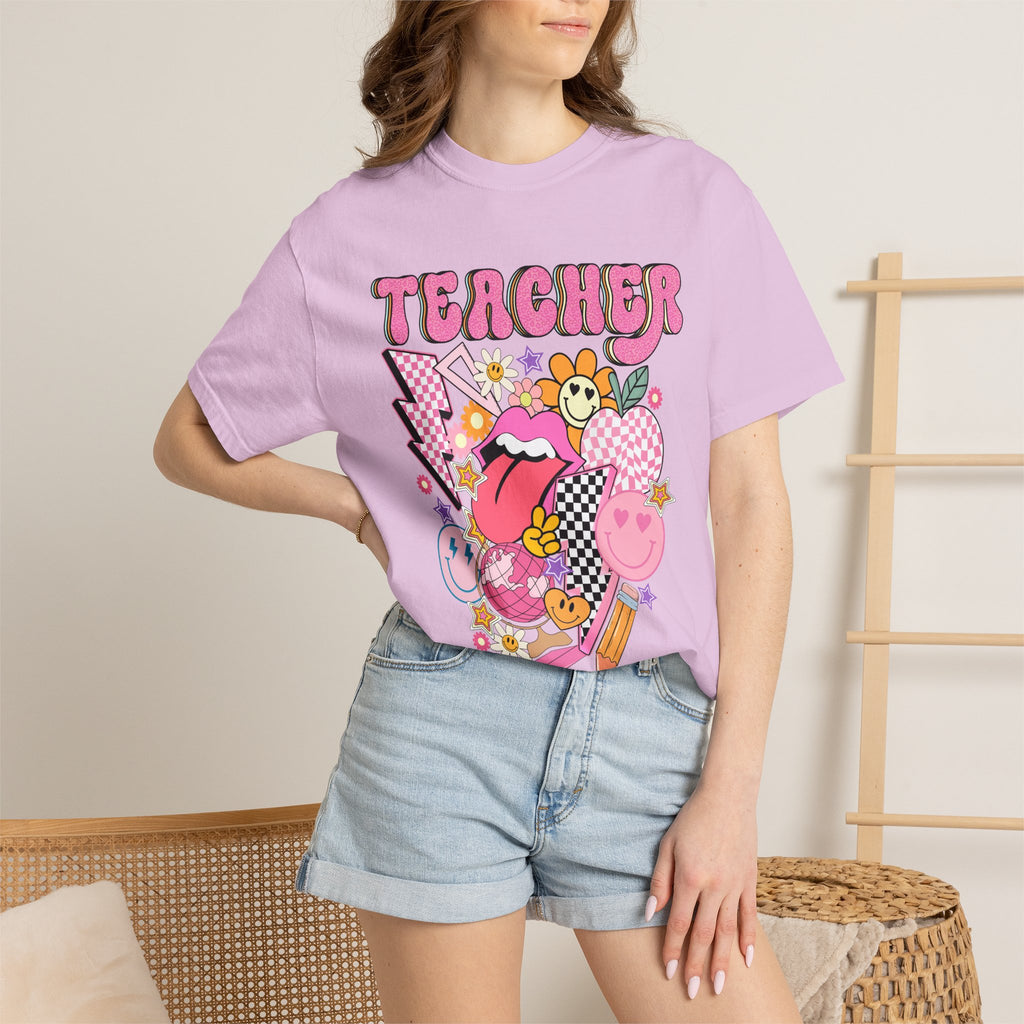 Teacher Retro Pop Graphic T‑Shirt — Cute Pink School Staff Shirt