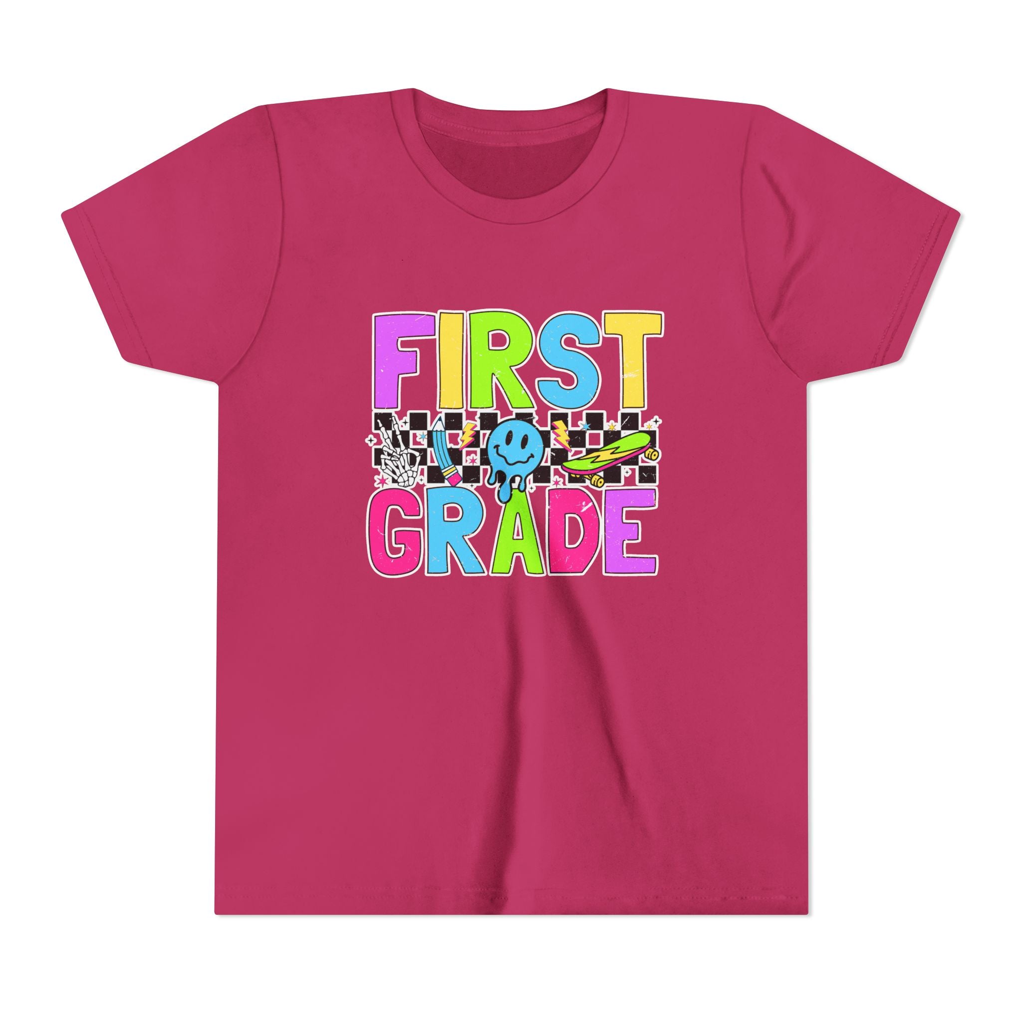 First Grade Youth T‑Shirt — Colorful Checkerboard Smile Back‑to‑School Tee