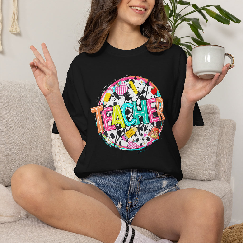 Teacher Graphic T-Shirt — Colorful School Supplies Design