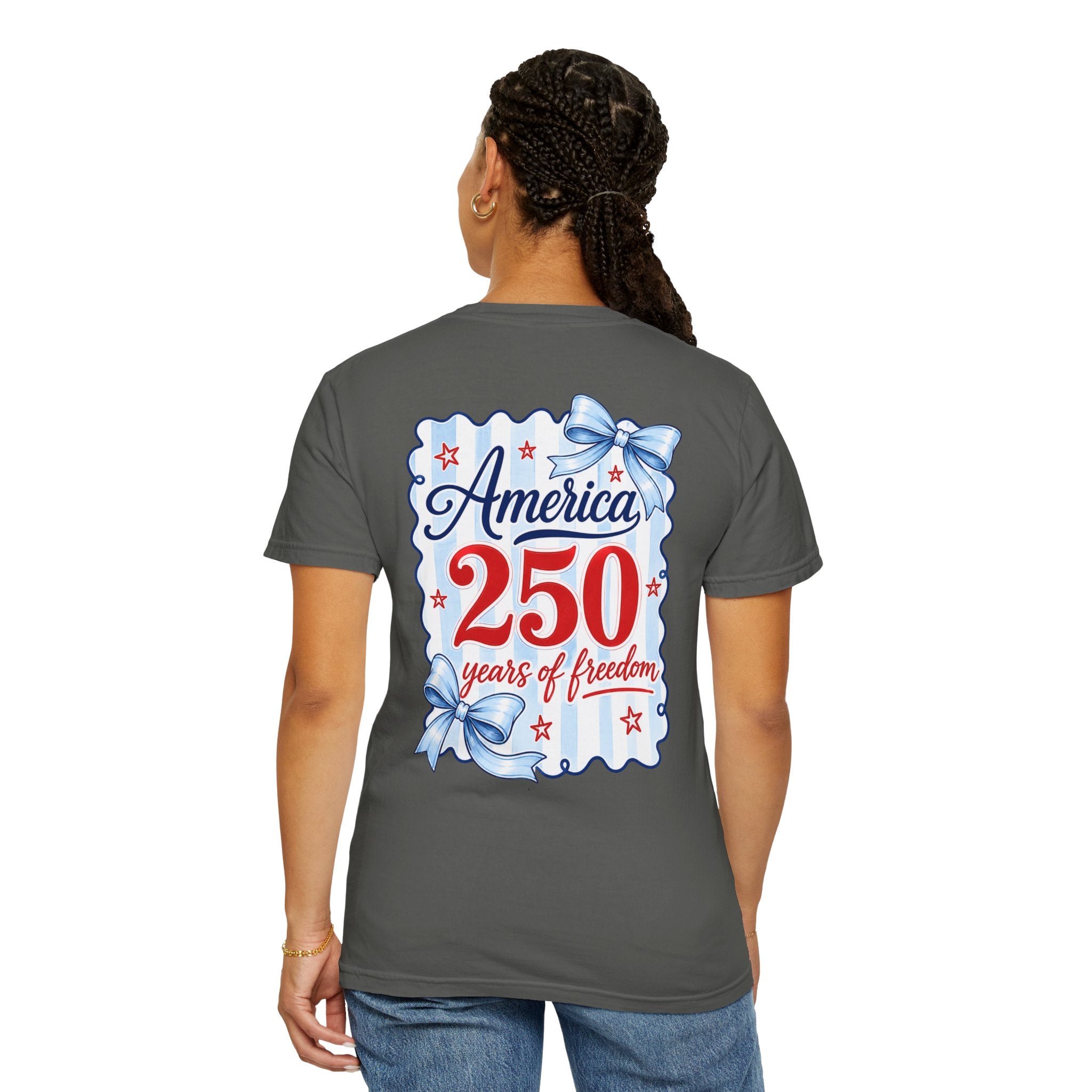 America 250 Years of Freedom T-Shirt — Patriotic Red, White & Blue Bow Tee