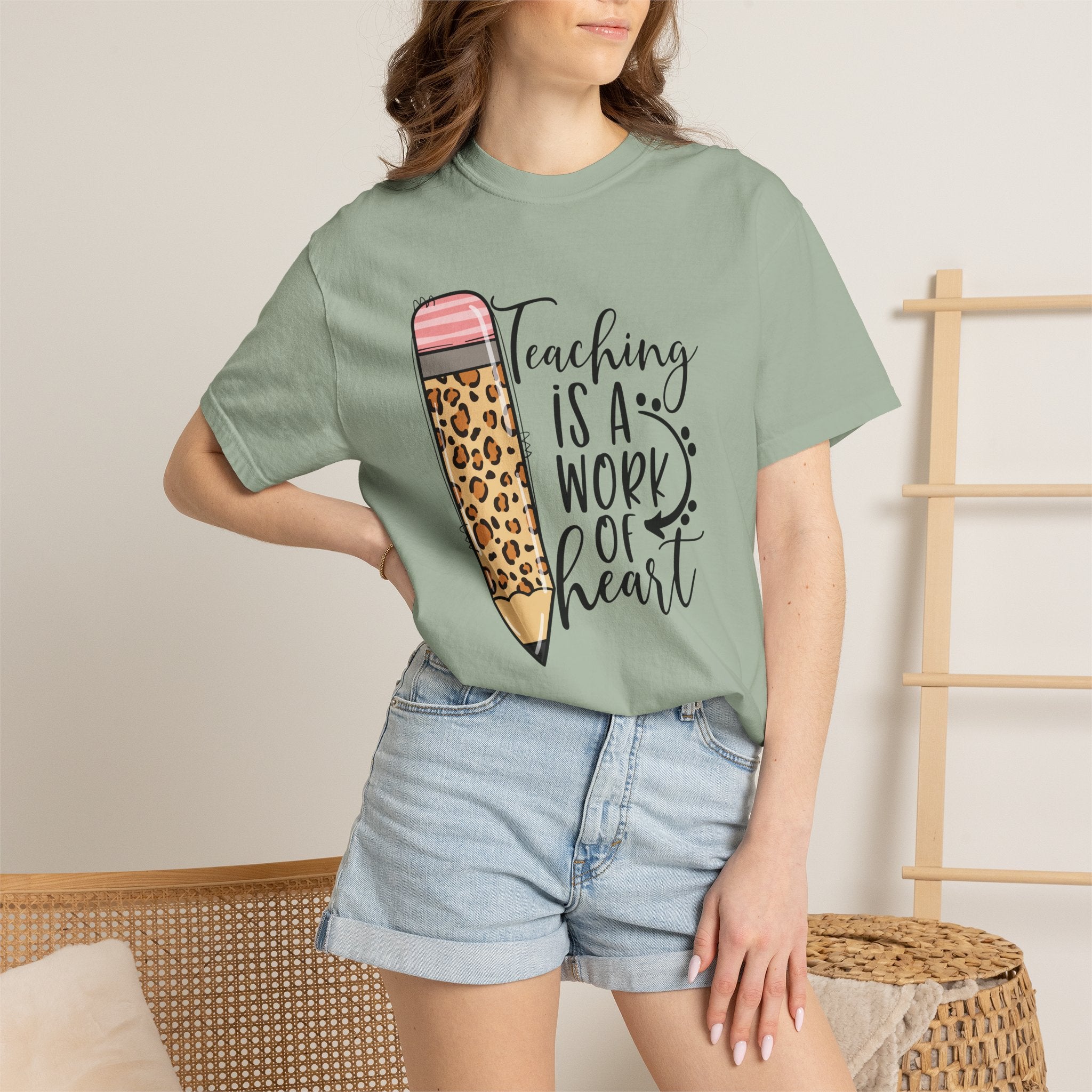 Teaching Is a Work of Heart Leopard Pencil T-Shirt — Teacher Appreciation Gift