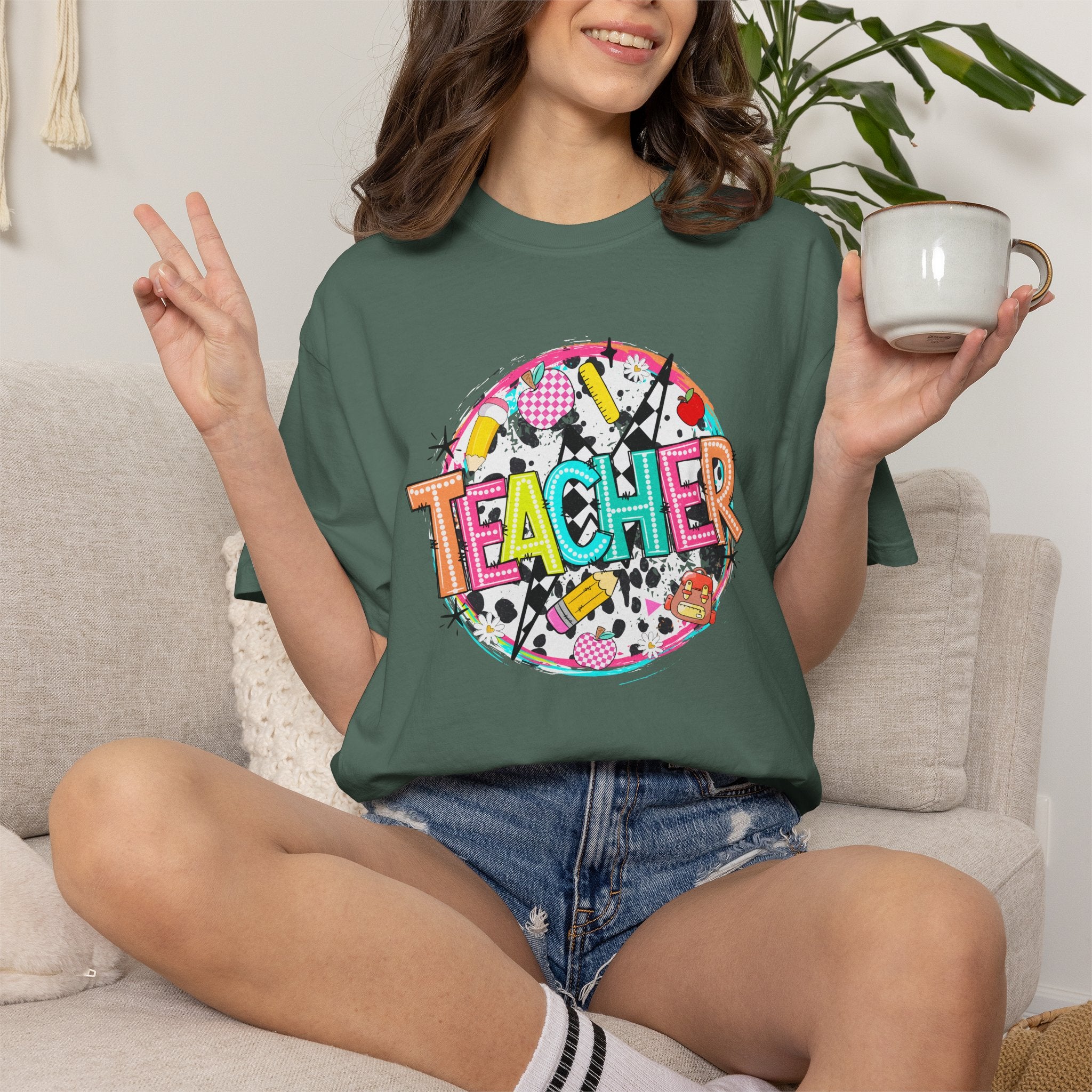 Teacher Graphic T-Shirt — Colorful School Supplies Design